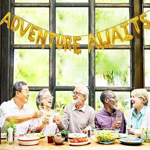 Miniatura 5 de Adventure Awaits - Cartel de globos dorados (16 pulgadas, 3 piezas) para graduación, jubilación, baby shower, unisex para niños