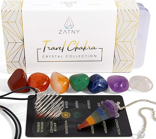 ZATNY Colección de cristales de chacras de viaje y piedras curativas  Juego de 7 chakras, péndulo de chakras, collar de jaula intercambiable,