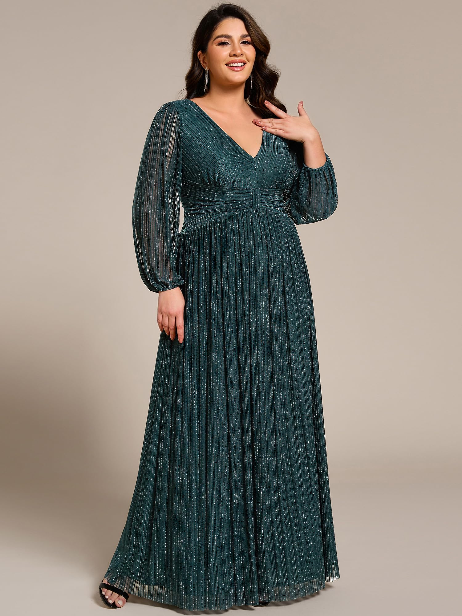 Ever-Pretty Donne Glitter Maniche Lunghe Scollo a V Pieghe Impero Vita Piano Lunghezza Plus Size Abiti Formali Abiti da Sera, Verde acqua, 52