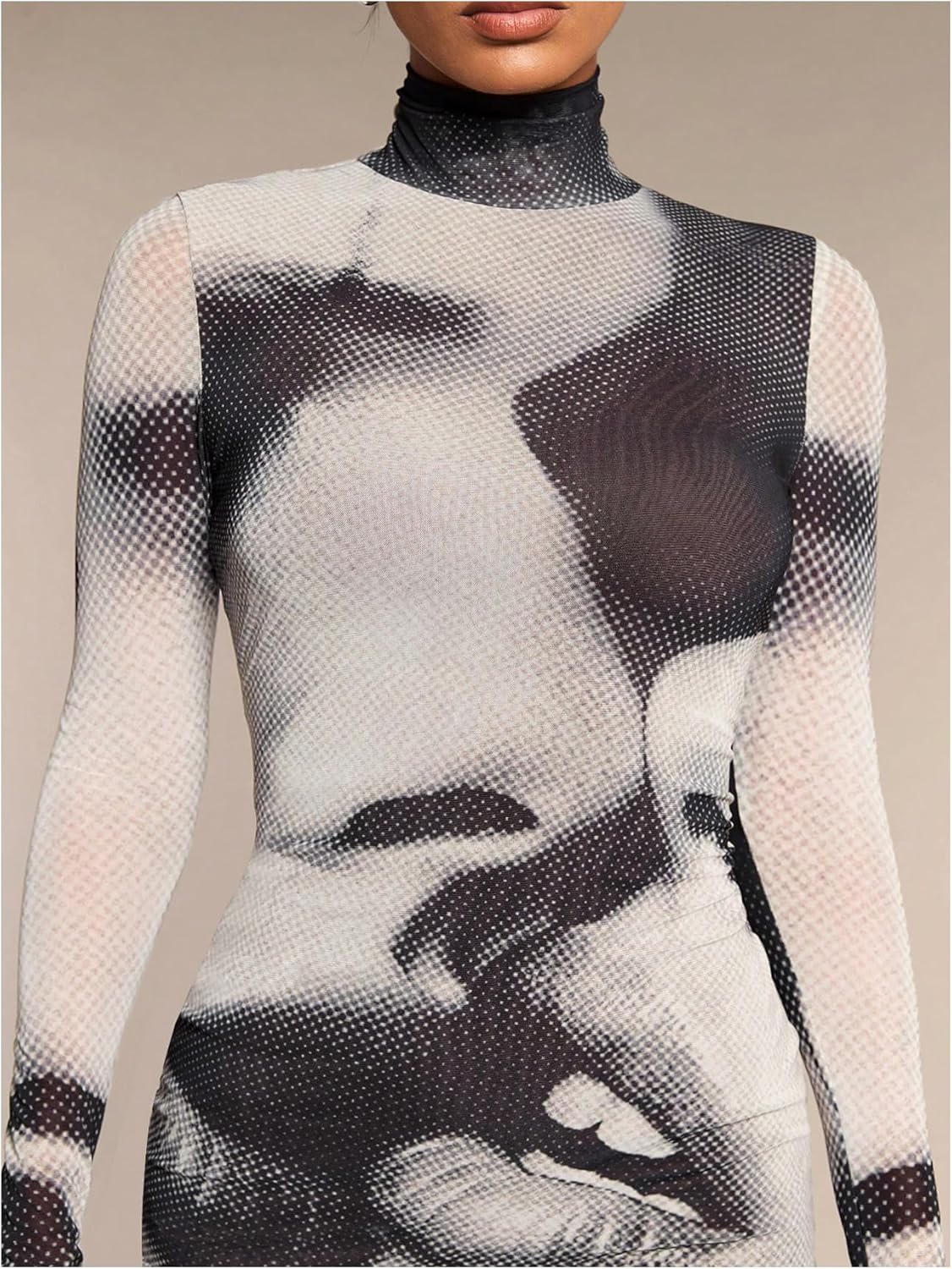 GORGLITTER Women's Mesh Y2K Rave Vegas Going Out Dress Outfits Long Sleeve Club Turtleneck Neck Newspaper Mini Dresses - Image 3