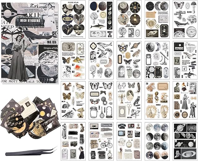 Carreuty 211PCS Scrapbooking Stickers, Vintage Style Astronomy Celestial Transparent Stickers Decorative Planet Moon Space Stickers with Tweezers for Scrapbook Supplies Journal Kit, DIY Card Making