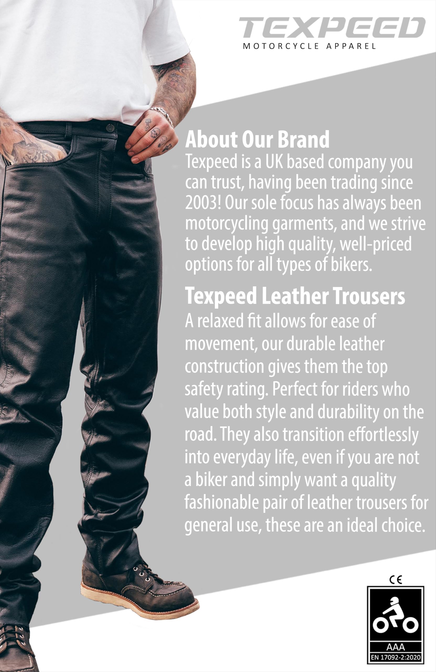 Texpeed Pantaloni da moto uomo - Invernali/Estate con protezioni - Motociclista touring in pelle per moto da crociera con protezione autentica CE Armor (EN 1621-1) - Nero
