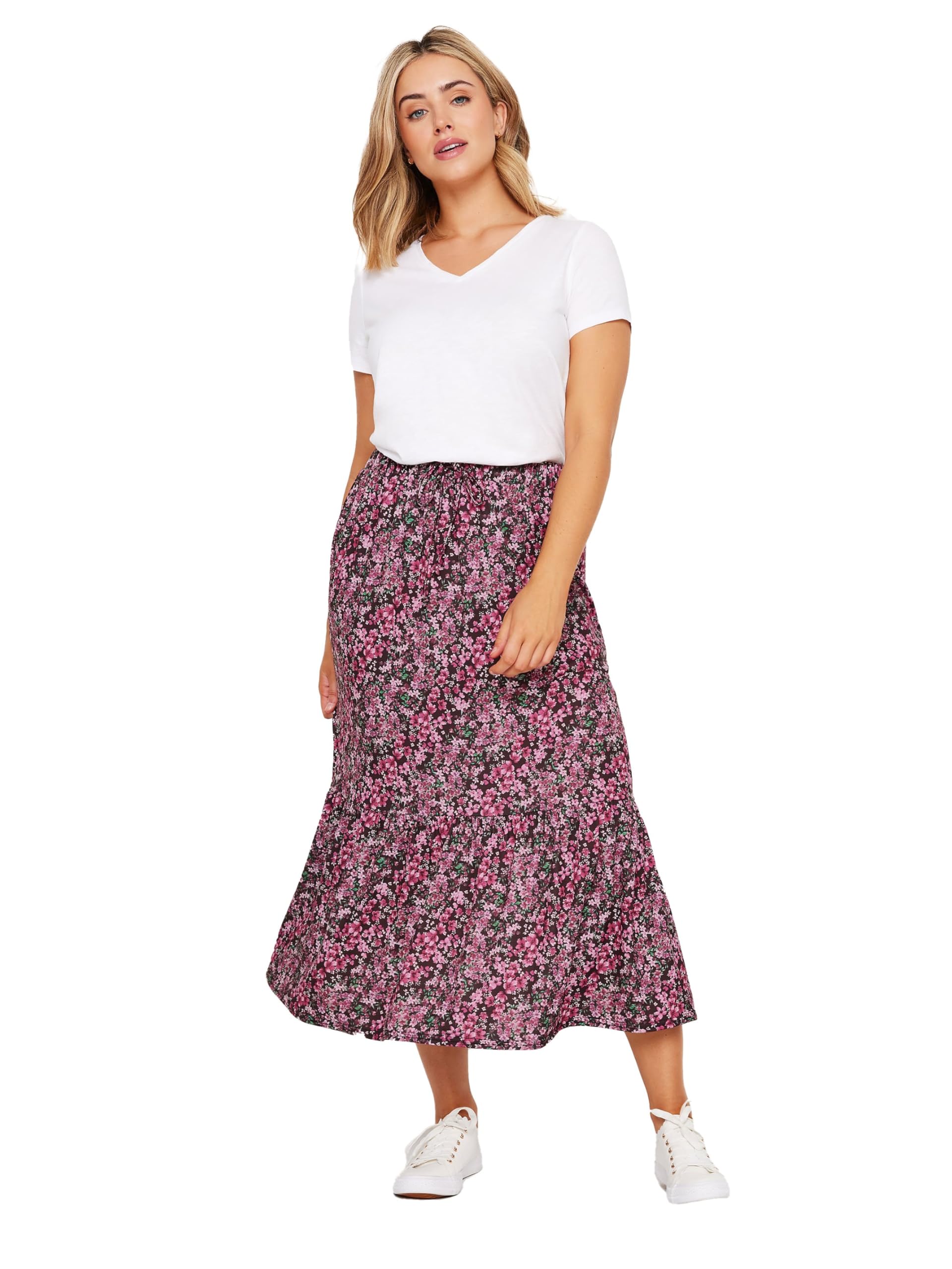 M&Co Women's Pink Ditsy Floral Print Tiered Midi Skirt Size 16