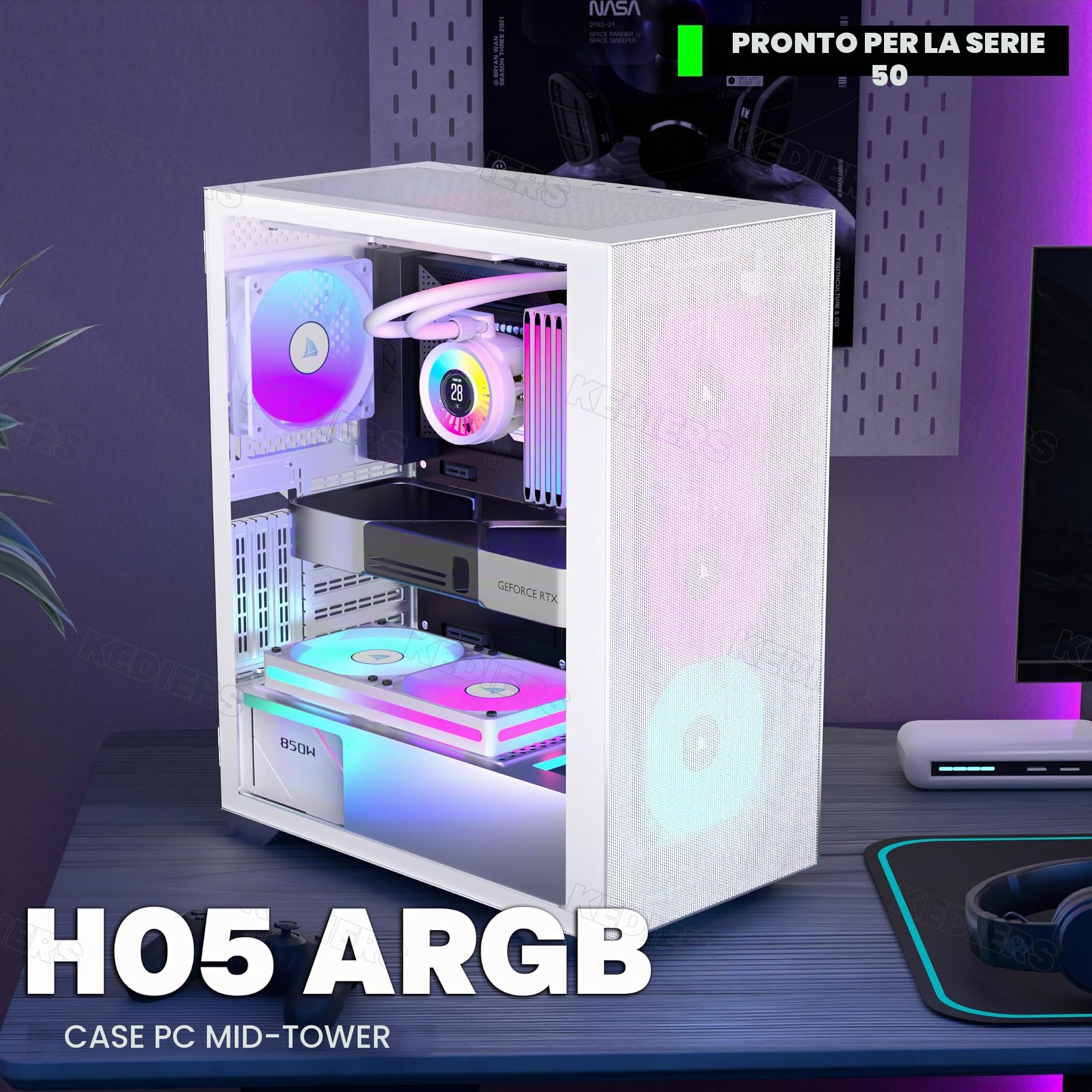 KEDIERS Case PC - 6 ventole PWM preinstallate, custodia da gioco ATX Mid Tower Case per computer a rete con aperture laterali in vetro temperato, G300, bianco