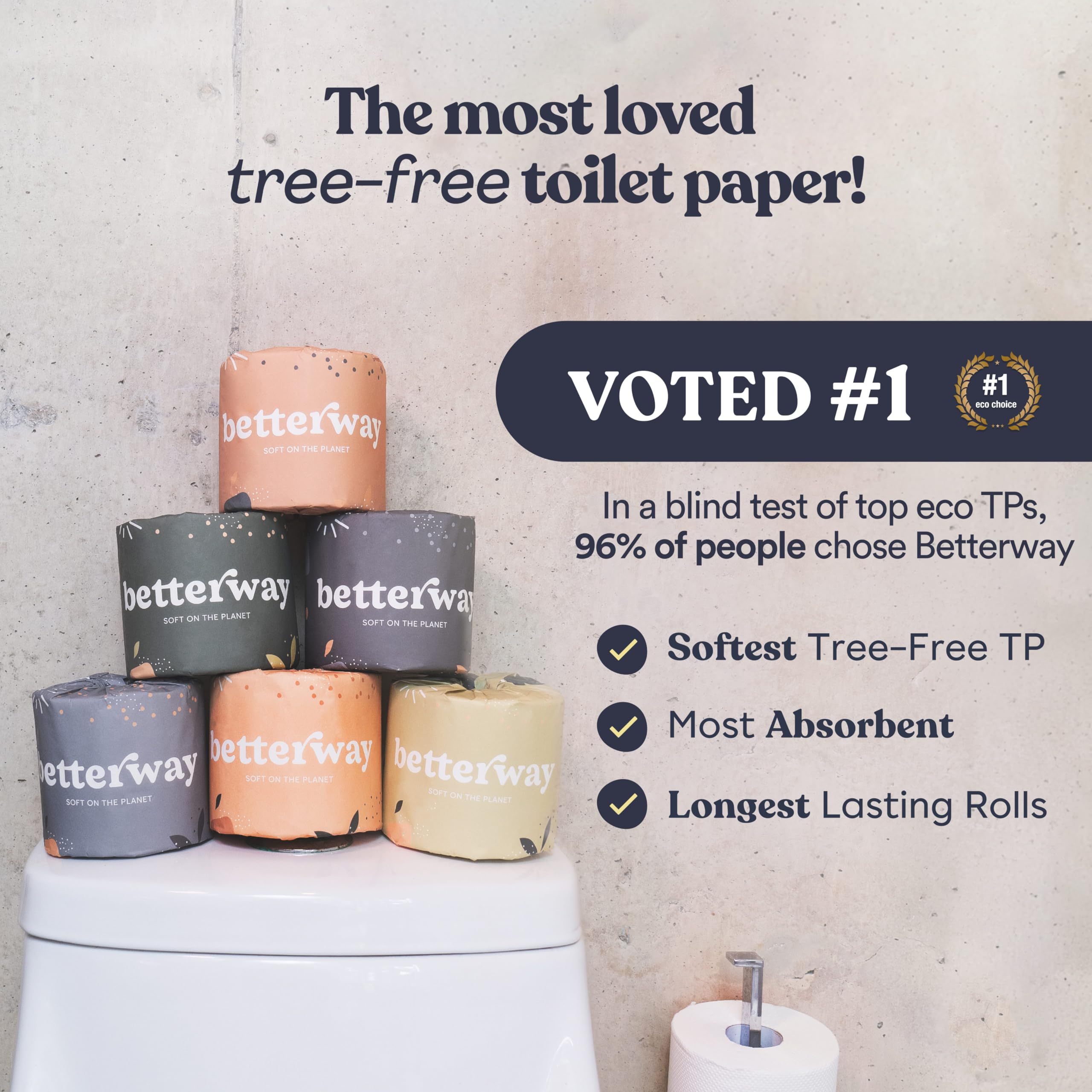 Betterway Carta igienica in bambù a 3 strati, ecologica, sostenibile, 12 rotoli doppi e 360 fogli per rotolo, sicura per i setti, biologica, senza plastica, compostabile e biodegradabile, certificata