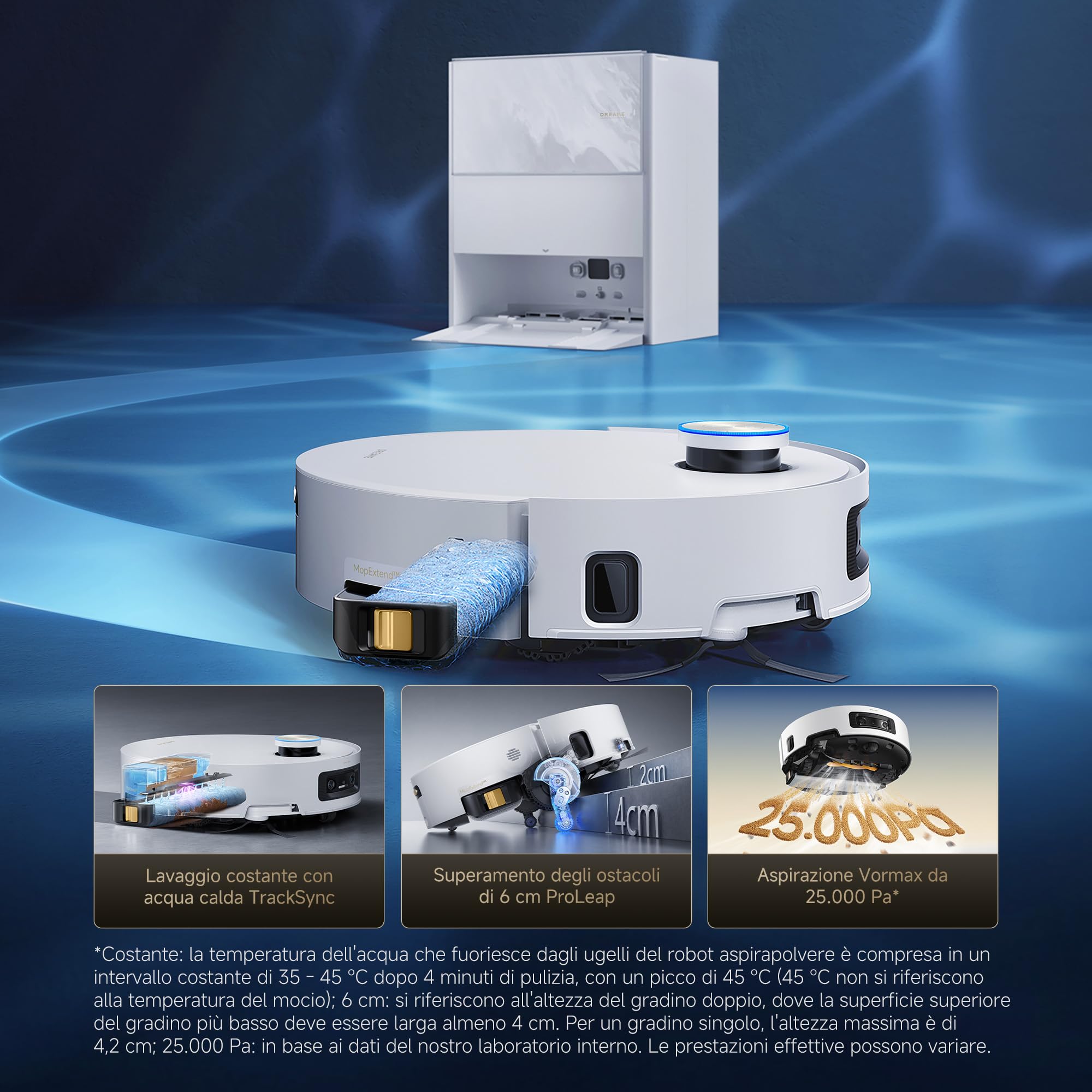 DREAME Aqua10 Ultra Track Complete Robot Aspirapolvere, Lavaggio 45 °C, Supera Ostacoli di 6 cm, Auto-pulizia Mocio, Aspirazione da 19.500 Pa, 0 Grovigli, Evita Oltre 240 Oggetti, Controllo Vocale
