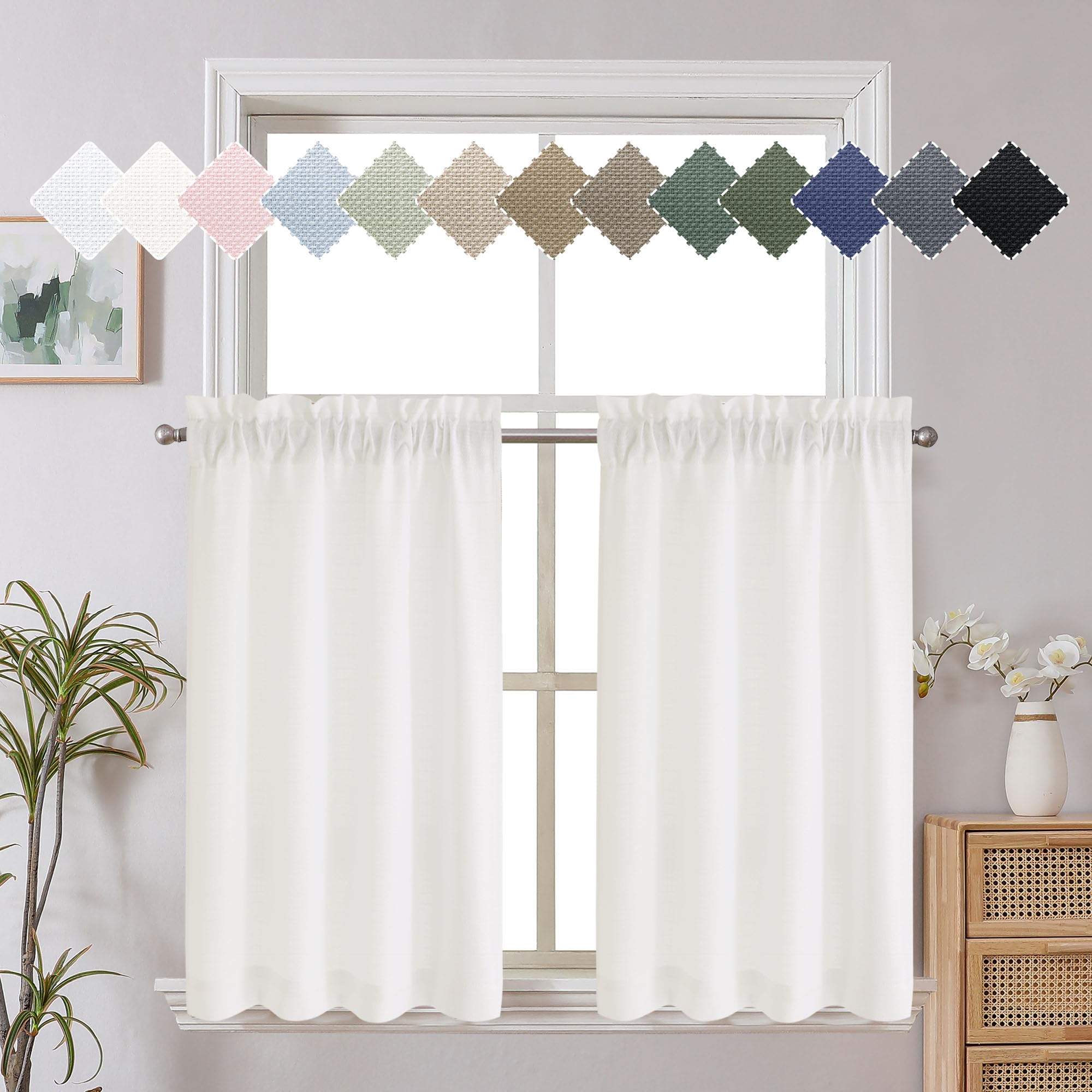 Ivory Curtains 30 Inch Length, Faux Linen Textured Small Cafe Curtains, Light Filtering Short Curtains for Bathroom Curtains Window, 30x30 Inch, 2PCS