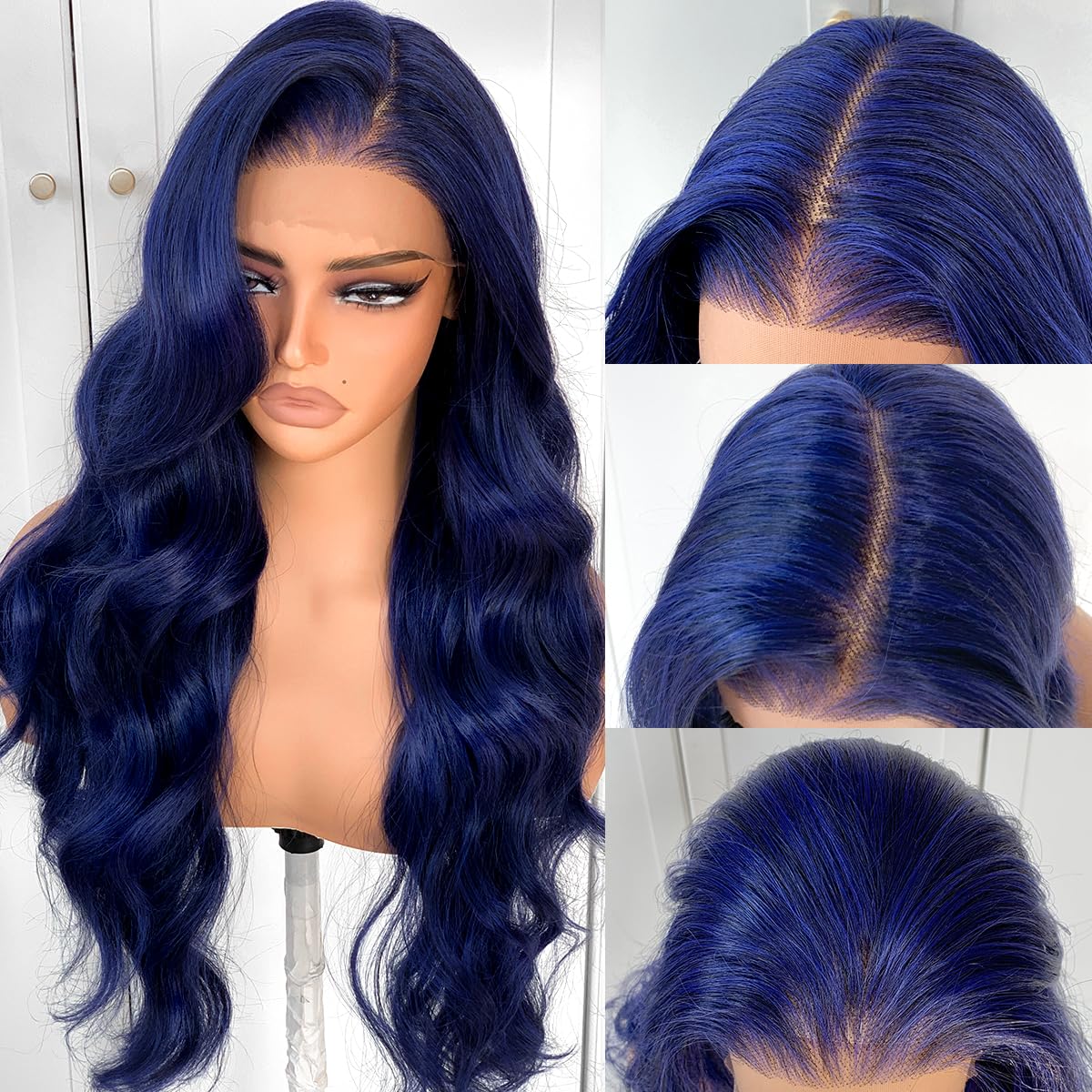 BlackSwern Dark Blue Wig 13x6 Synthetic Lace Front Wig,HD Lace Pre-Plucked Navy Blue Lace Frontal Wig,26inch Body Wave Wigs 200 Density,Pre-Plucked