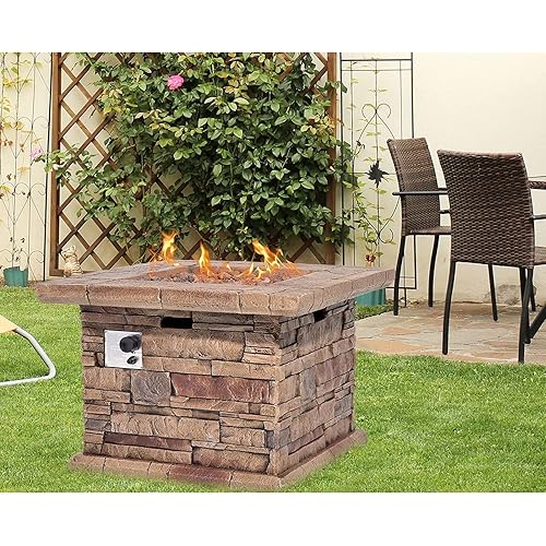 HOMPUS Outdoor Propane Fire Pit Table 32-inch Imitation Stone Square Concrete Propane Fire Pit with Lava Rocks and Rain Cover 50,000 BTU Gas Smokeless Fire Pits for Outside Patio,Garden, CSA Certified