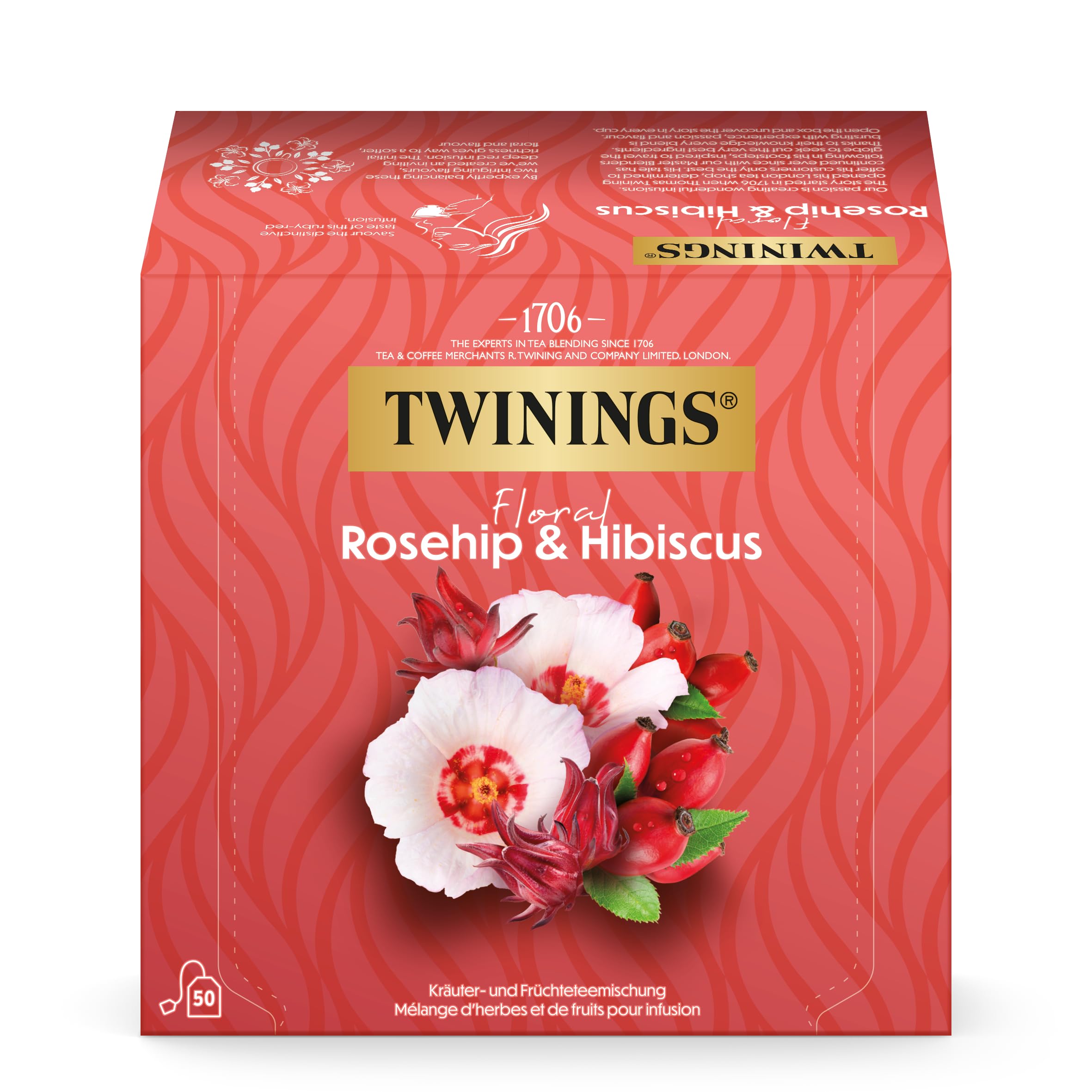Twinings Hagebuttentee mit Hibiskus FLORAL ROSEHIP & HIBISCUS - aromatischer Früchtetee im Beutel mit rubinroter Farbe, fruchtig & blumig (50 Teebeutel, 125g)