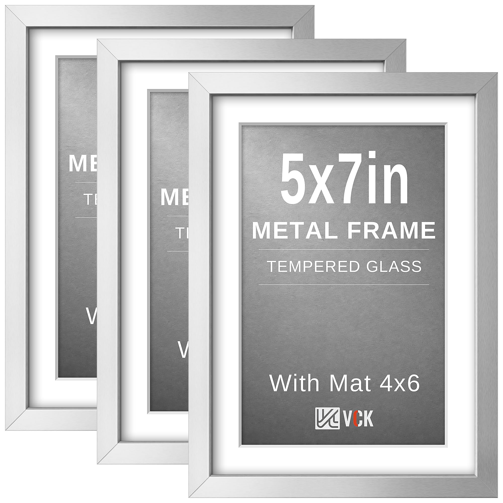VCK 5x7 Picture Frame Silver Metal, Real Glass, 4x6 Mat, 3 Pack, for Print