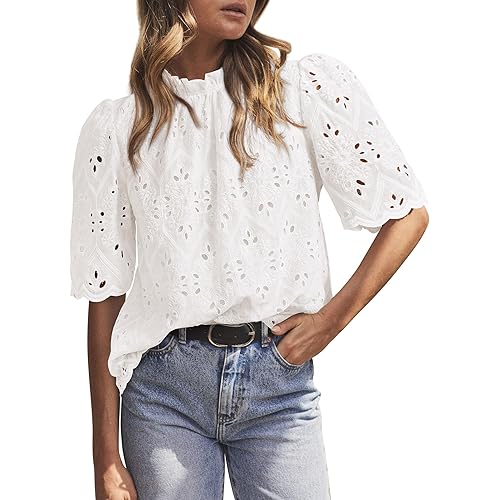 PRETTYGARDEN Summer Tops for Women 2025 Trendy Short Sleeve Eyelet Embroidered Dressy Casual Blouse Shirts