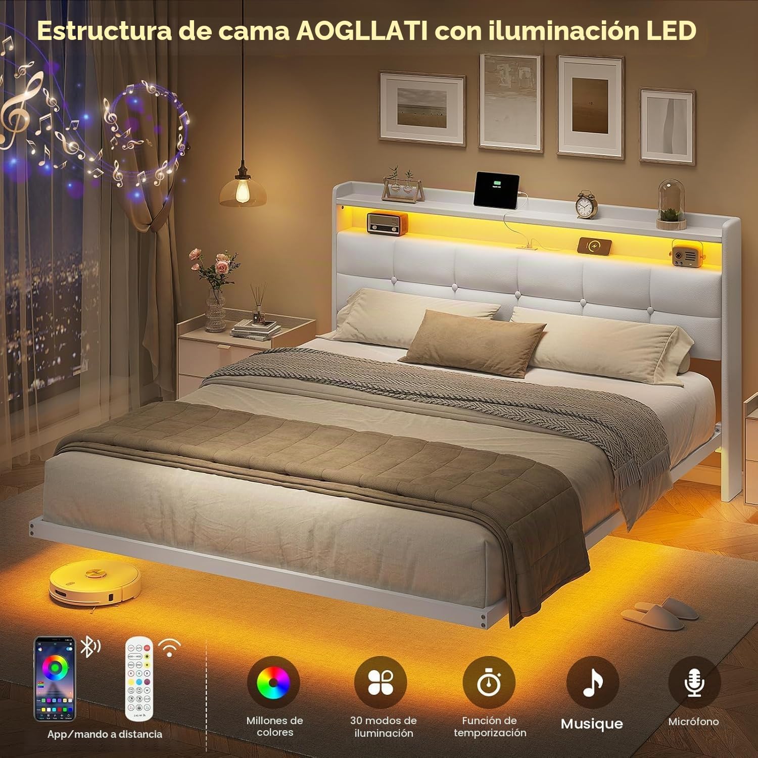 AOGLLATI Cama de matrimonio de 160 x 200 cm con efecto visual levitante, estructura de cama con LED y estación de carga, cama con cabecero acolchado y estructura de metal, sin colchón, color blanco