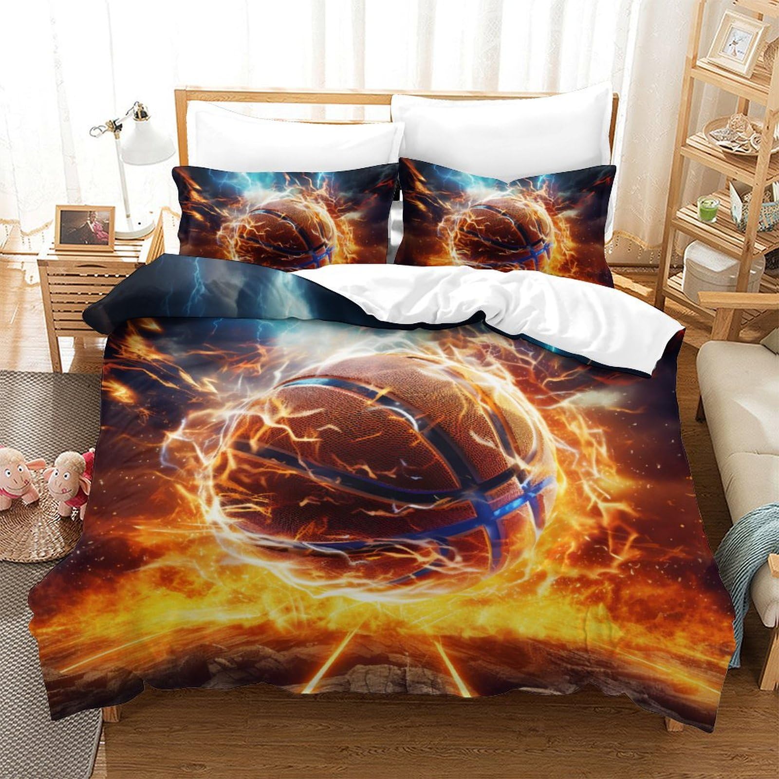 Housse de couette basketball 200x200 cm avec 2 taies d'oreiller en microfibre pour enfant