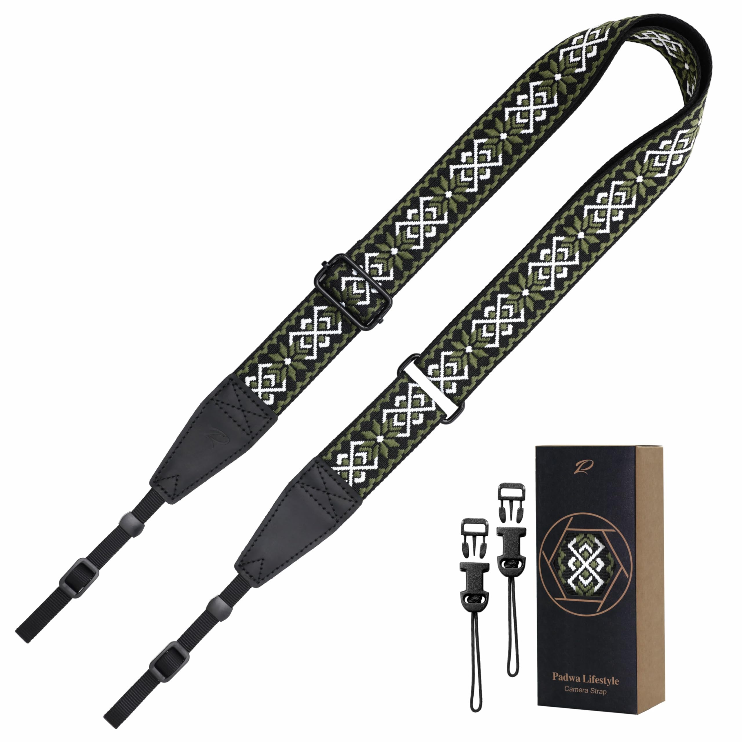 Padwa Lifestyle Adjustable Camera Strap - 1.5" Full Grain Leather Ends Camera Straps for Photographers, Adjustable Neck Shoulder &amp; Crossbody Cotton Strap Quick Release for Cameras and Binoculars