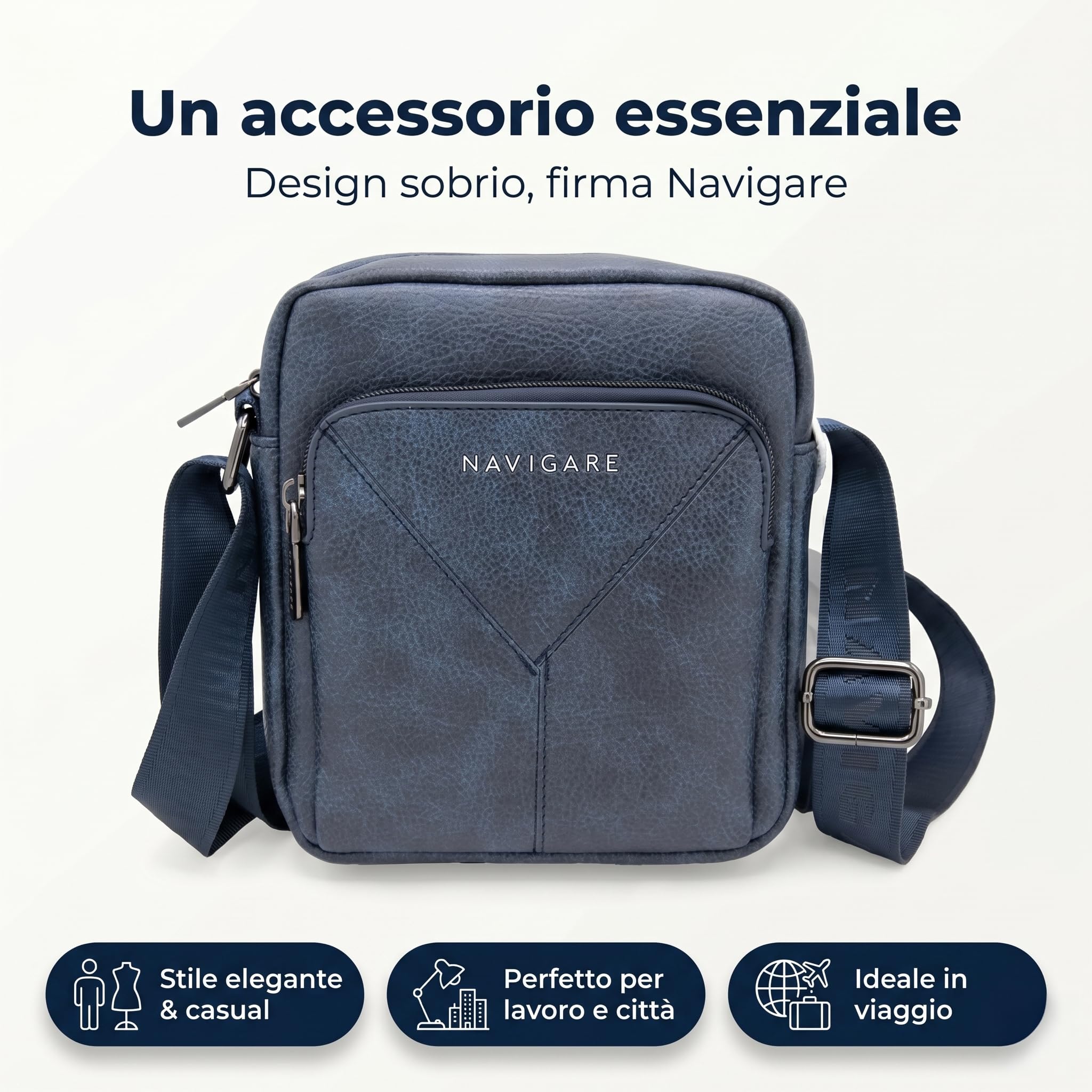 Navigare BORSELLO UOMO TRACOLLA – Borsello Uomo in Ecopelle con Tracolla Regolabile, 2 Tasche con Zip e Scomparti Interni, Stile Elegante e Casual per Lavoro, Viaggio e Tempo Libero