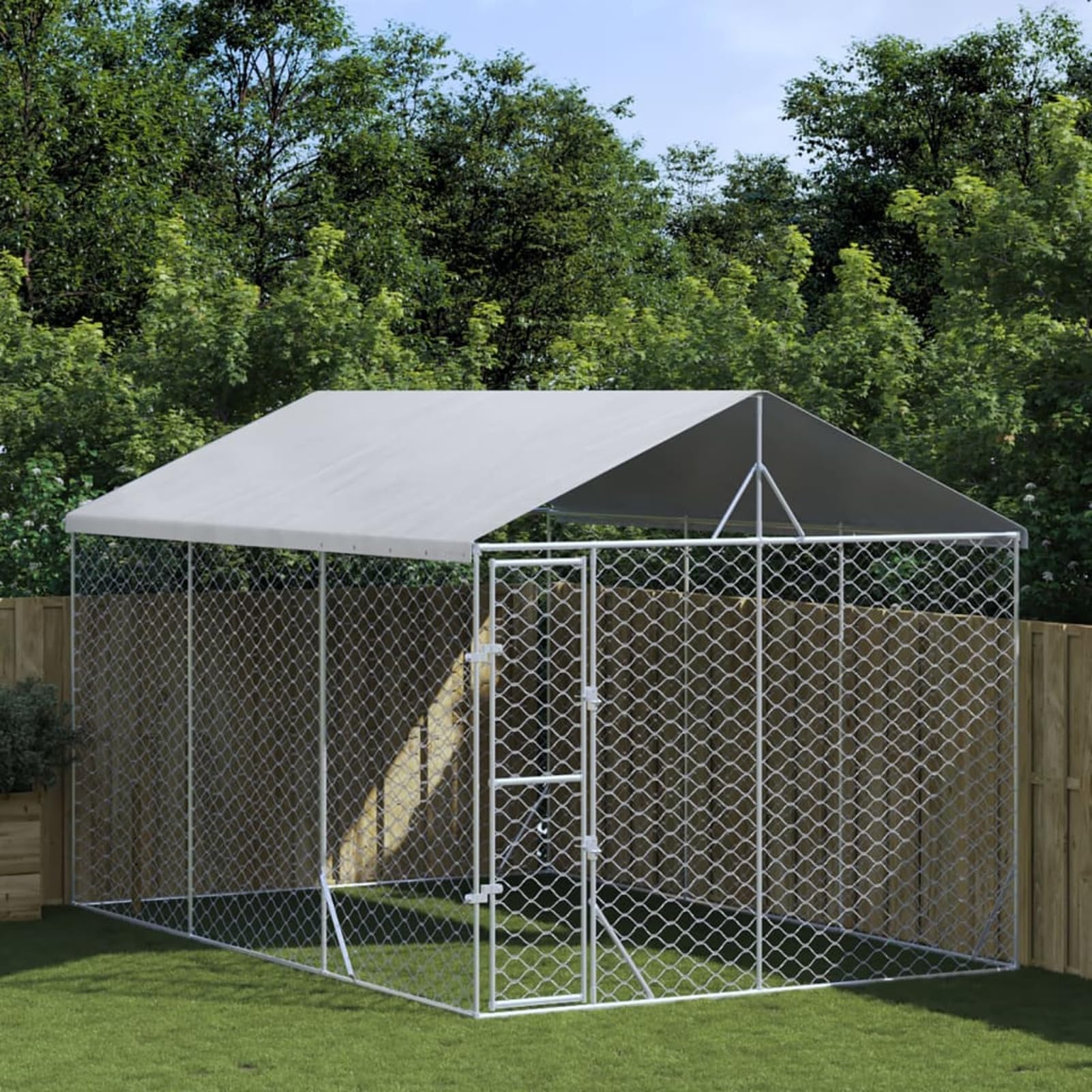 Gabbia per Cani con Tetto Kennel per Cani da Esterno Recinto per Cani da Esterno a Maglie in Acciaio Zincato Box per Animali con Porta con Serratura-3 x 4.5 x 2.5 m