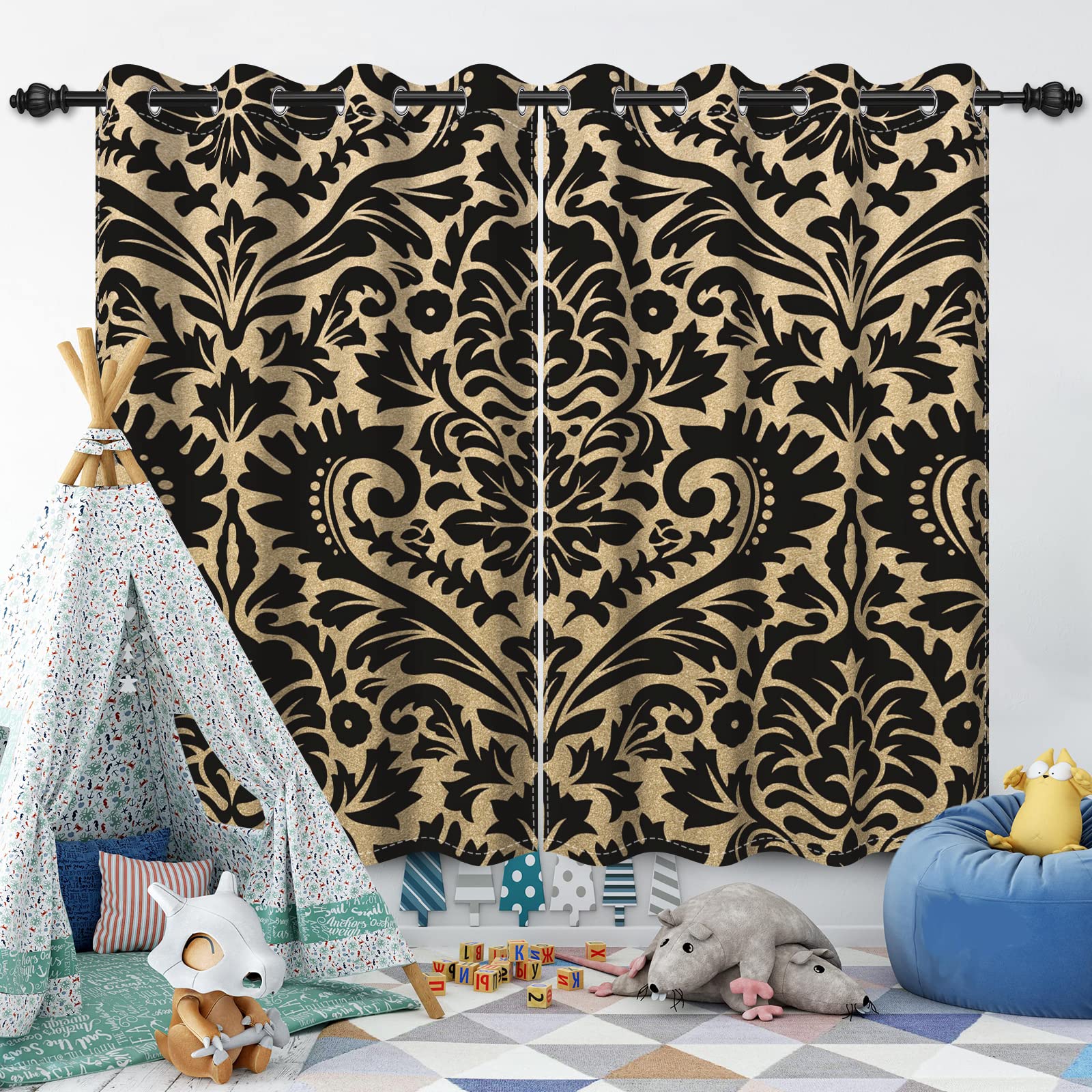Rideaux Occultants à œillets - Lot De 2, Motif Floral Vintage, 132x213 Cm, Noir, Pour Salon Et Chambre