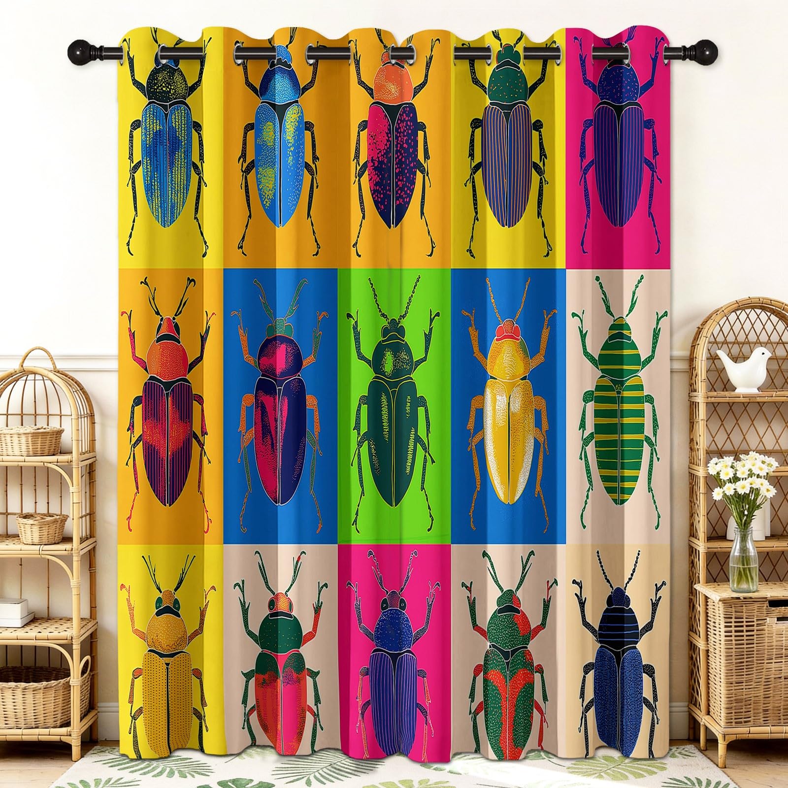 Rideaux Opaques Thermiques Grille Géométrique D'Insectes Coléoptères Rideaux De Fenêtre D'Effet 3D Polyester Occultants & Isolation, pour Chambre Salon avec Œillets 2 Panneaux 140 x 175 cm, Couleur