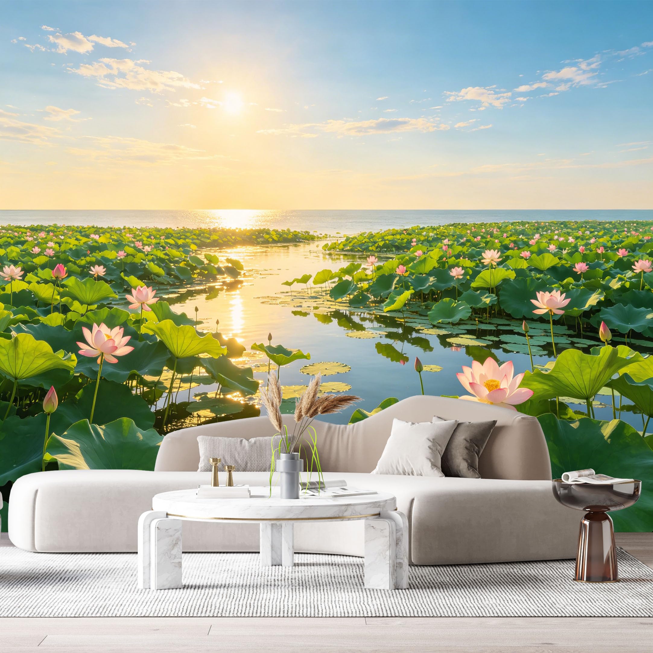 Custom Size Wall Murals Lotus Lake Landscape Watercolor Sunrise Reflection SelfAdhesive Wall Fabric Removable Large Wallpaper for Photo Living Room