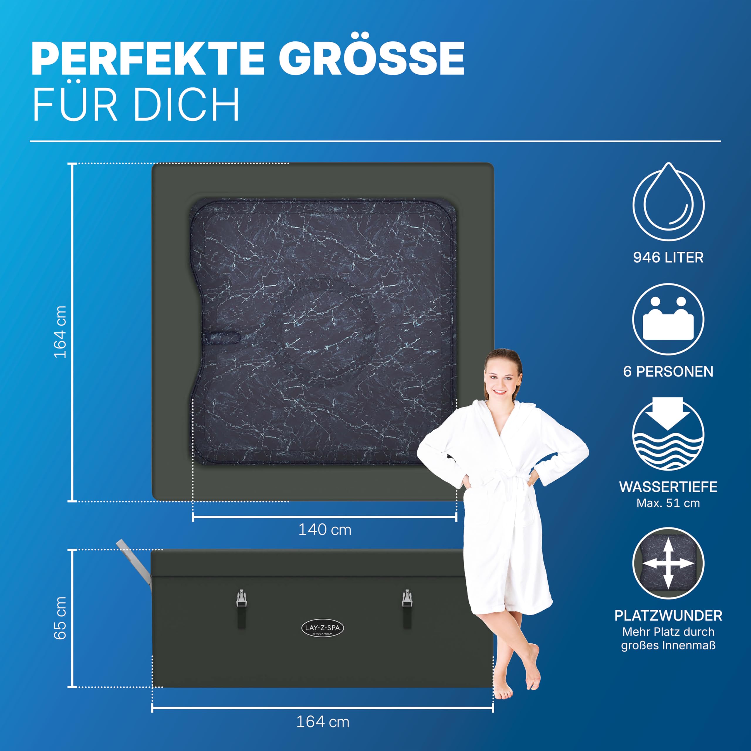 Bestway Lay-Z-SPA Stockholm AirJet Energiespar-Whirlpool 164x164 cm – Smarter Pool für 6 Personen mit App-Steuerung, 40°C Heizung, ThermaCore Isolierung & 140 Massagedüsen, Winterfest & Schwarz