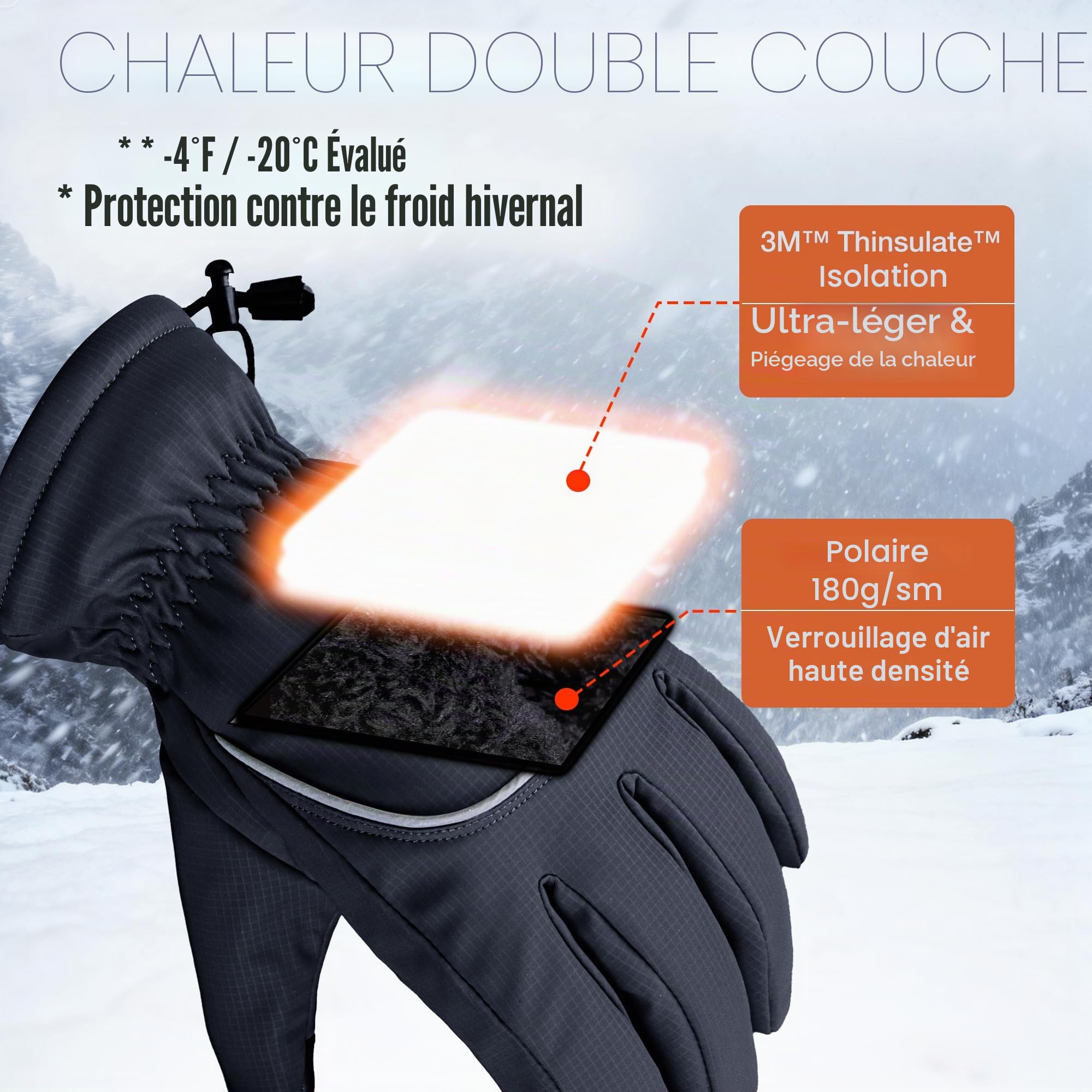 Origem Gants Hiver Homme et Femme - 3M Thinsulate Gant Chauffant Moto, Gants Thermiques Tactiles Imperméables Idéals pour Ski, Neige, Course à Pied, Cyclisme, Randonnée et Marche