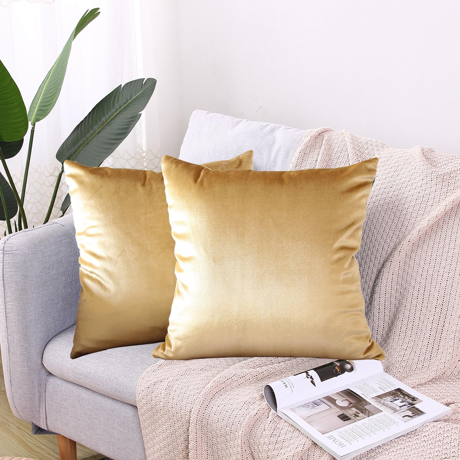 2x Golden Velvet Cushion Covers Decorative Square Throw Pillow Cover Pillowcase 18"x 18"45 x 45cm