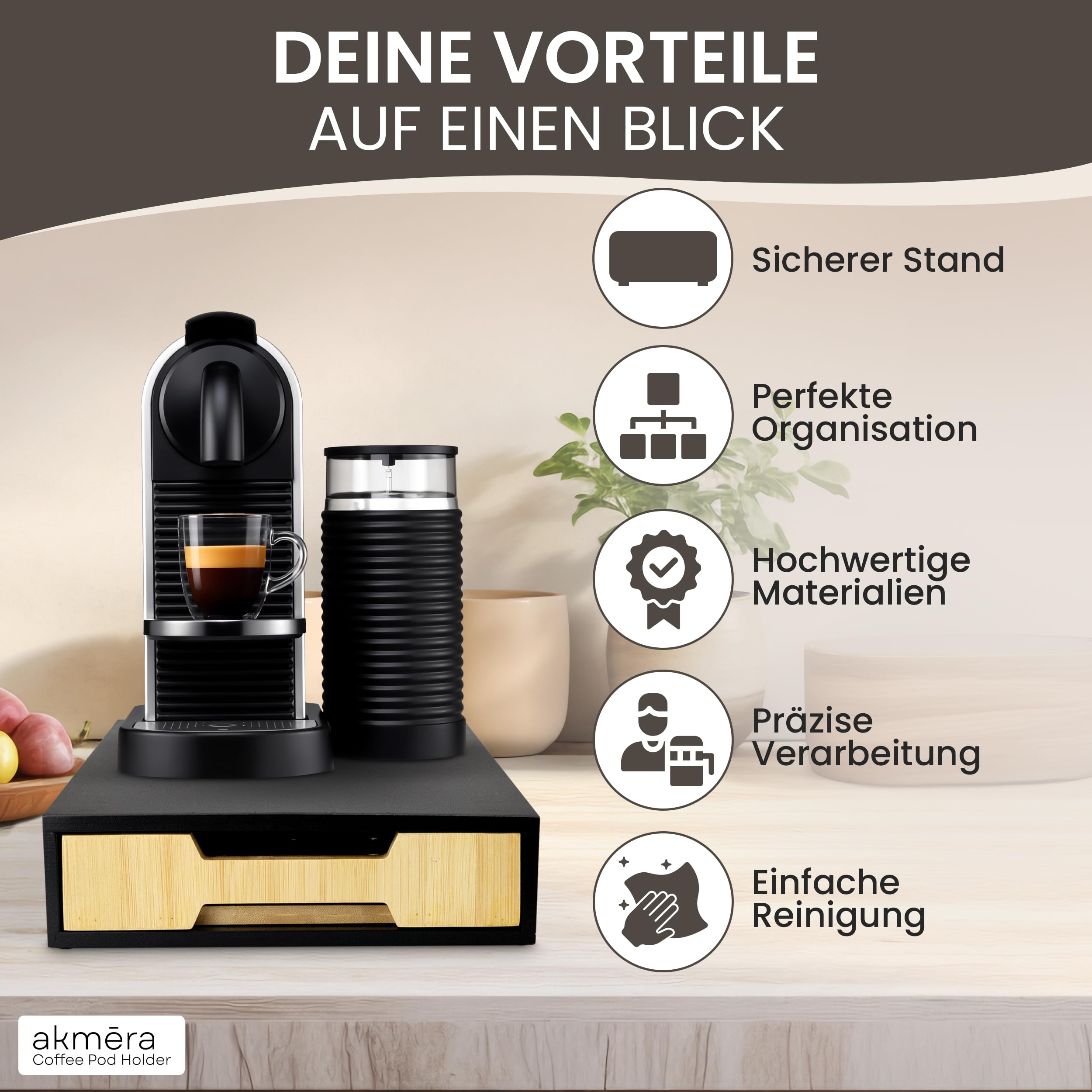 akmera - Soporte para cápsulas Nespresso, práctico almacenamiento para 45 cápsulas Nespresso como soporte para cápsulas Nespresso, cajón con compartimentos individuales para guardar cápsulas Nespresso