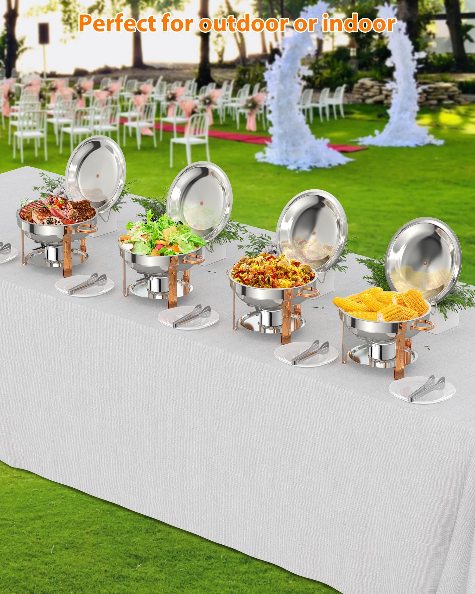 Juego de platos para rozaduras – Calentadores redondos de acero inoxidable con cuchara y pinzas para catering, bodas, fiestas y picnics