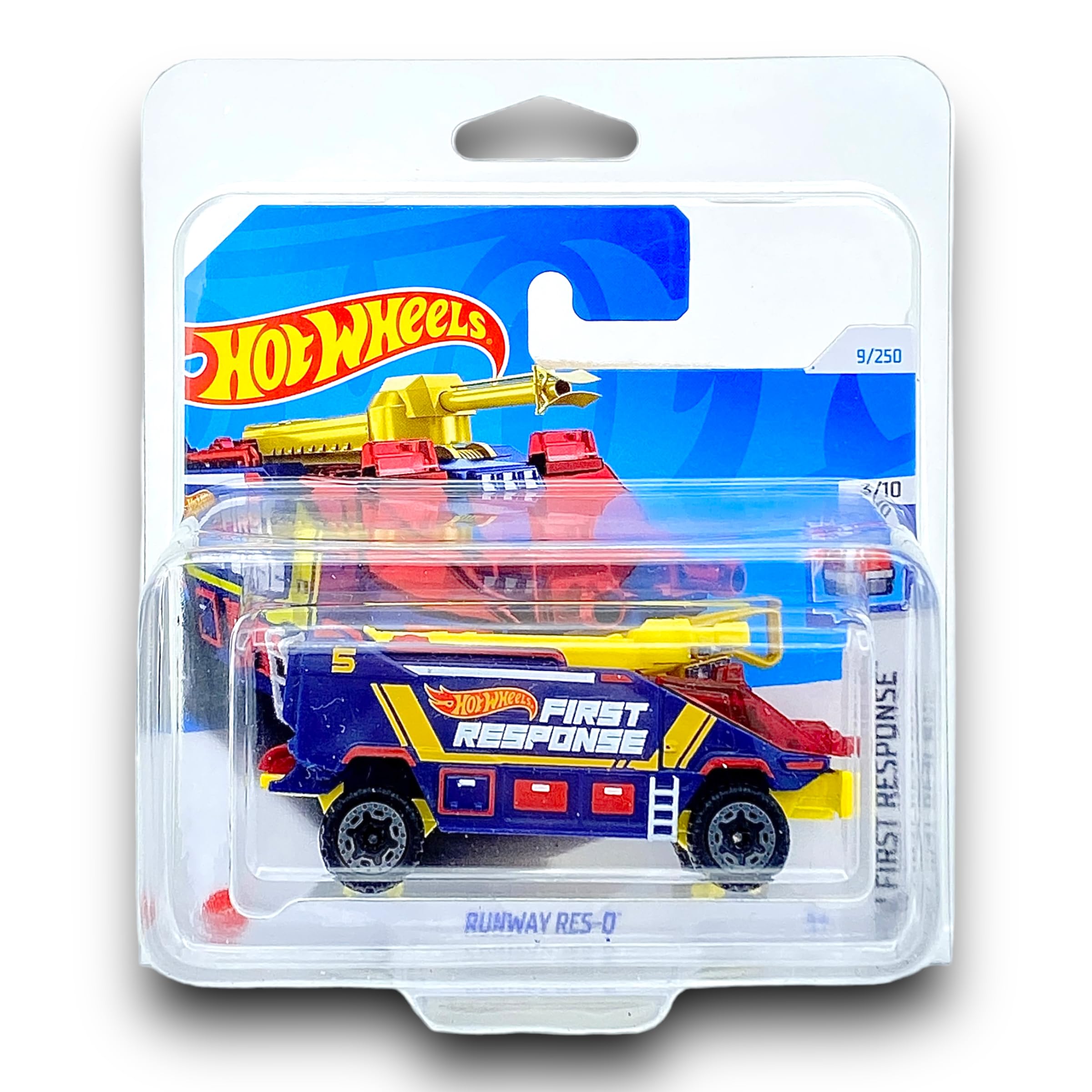 Hot Wheels Runway Res-Q (Blue, Red & Yellow) 3/10 HW First Response - 2024-9/250 (Short Card) - COMES IN A KLAS CAR KEEPER SHORT CARD PROTECTOR CASE - HTB57
