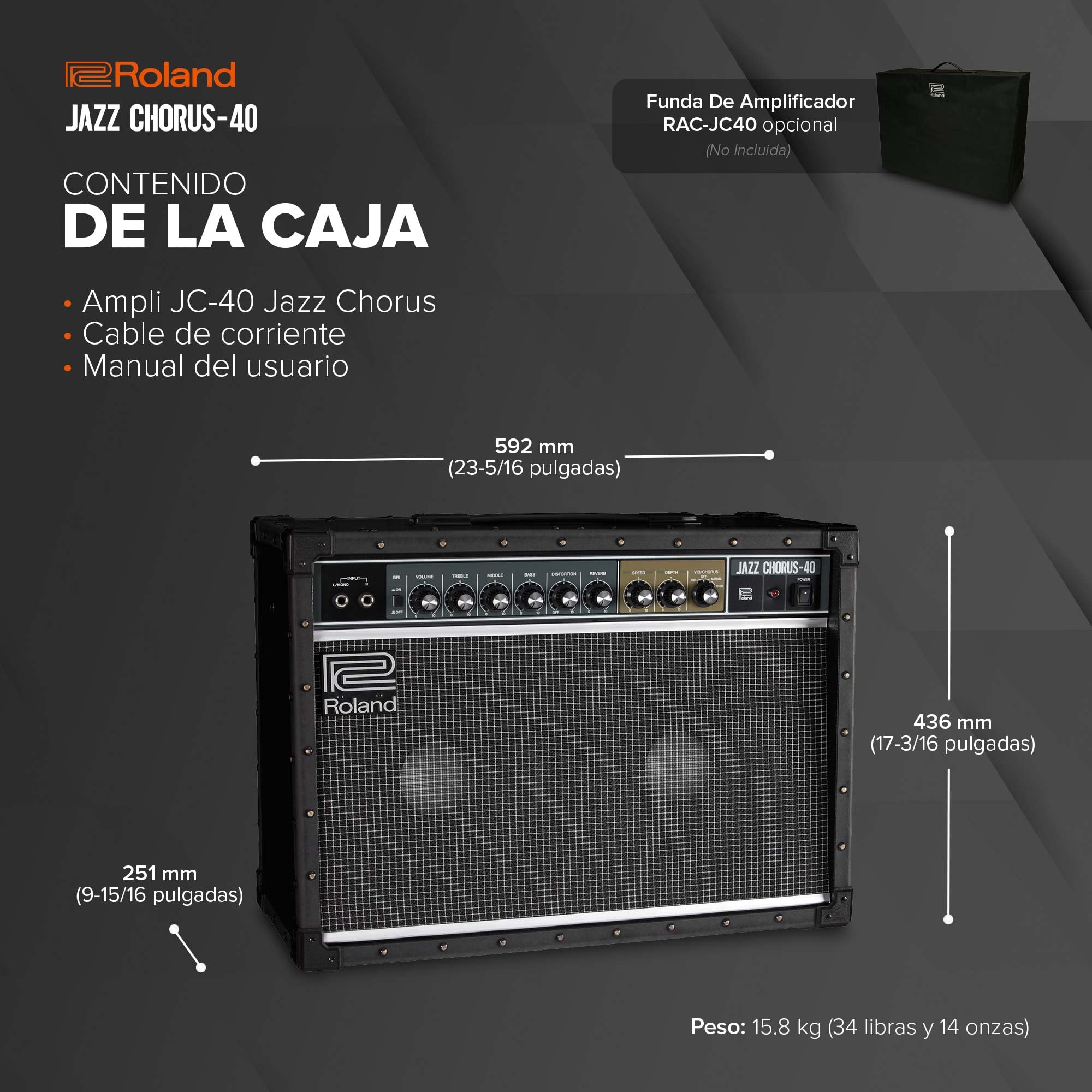 Roland JC-40 Jazz Chorus | Ampli de Guitarra Compacto | Sonido limpio JC mítico | Efecto Dimensional Space Chorus | Ampli estéreo de 40 W | Dos altavoces de 10 pulgadas