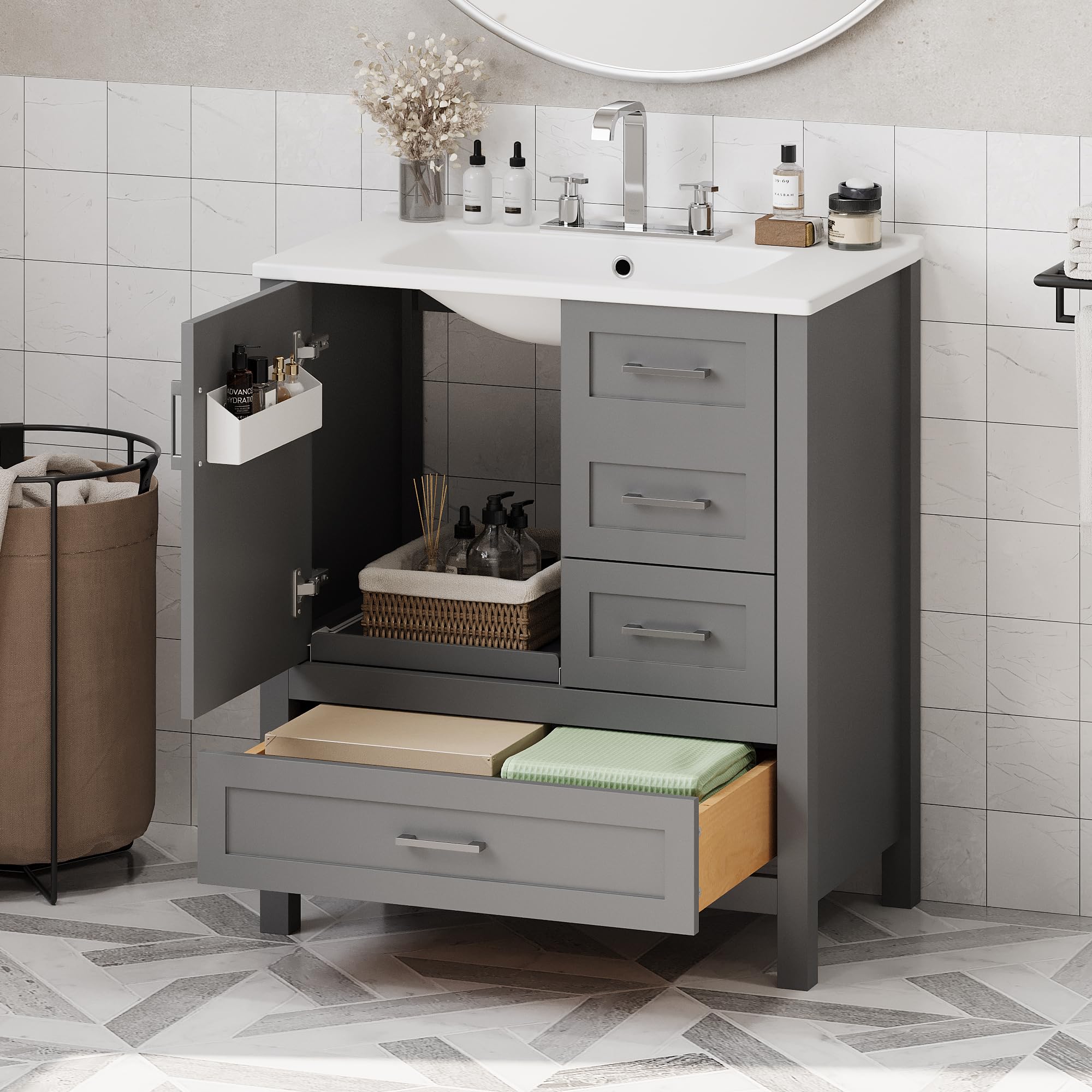 HiHomely 30 Inches Gray Bathroom Vanity with Sink Combo Set – Solid Wood Frame, Soft Close Door & 3 Drawers, Removable Tray – Stylish Storage Cabinet for Bathroom (3 Drawers + 1 Doors)