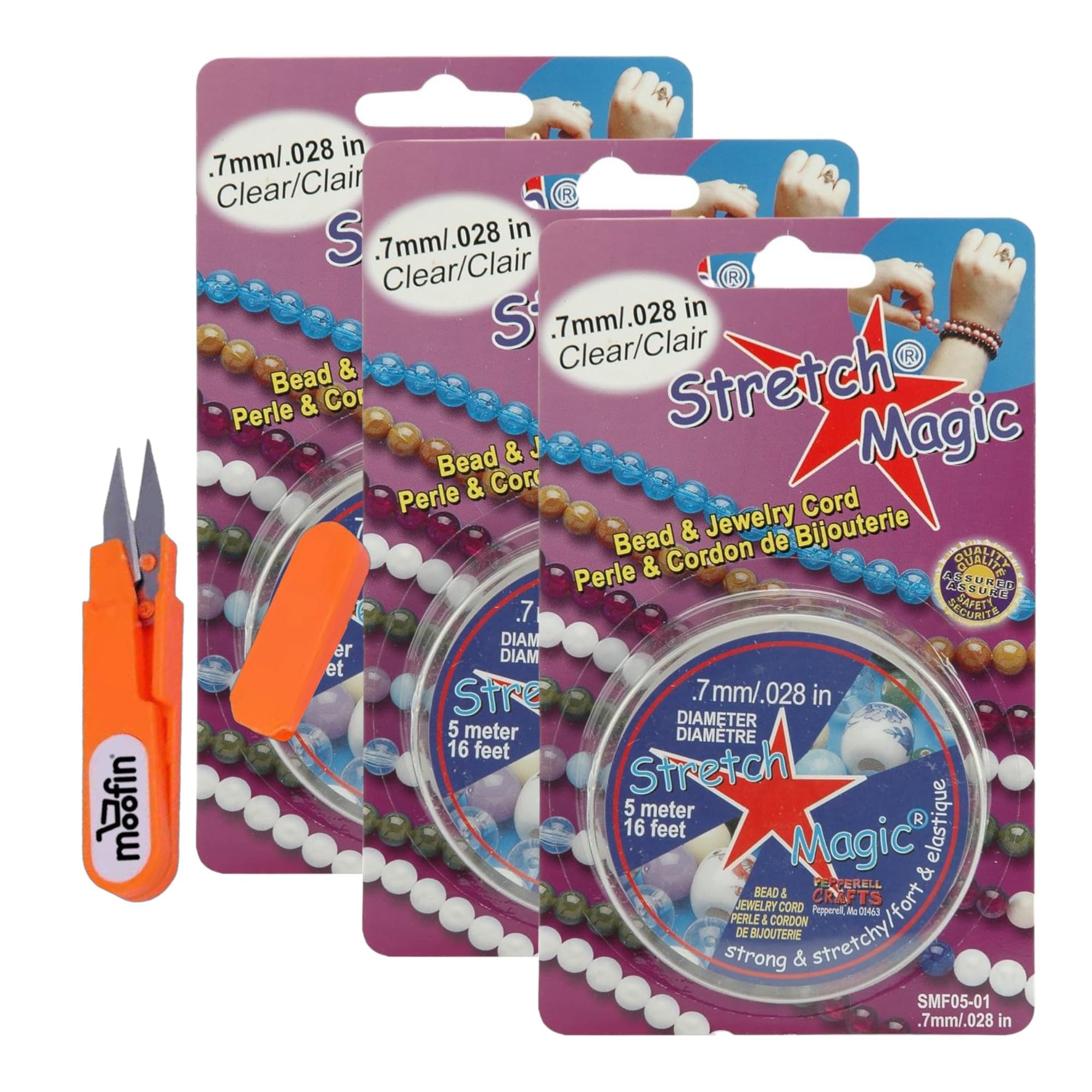 westlake artwestlake art Stretch Magic Bead & Jewelry Cord, 0.7mm, Bundle with Embroidery Scissors, Clear Stretch Cord, Long 5m Spool Bracelet Strings, Tangle-Free, Ideal for Bracelets & Crafts (Pack of 3)