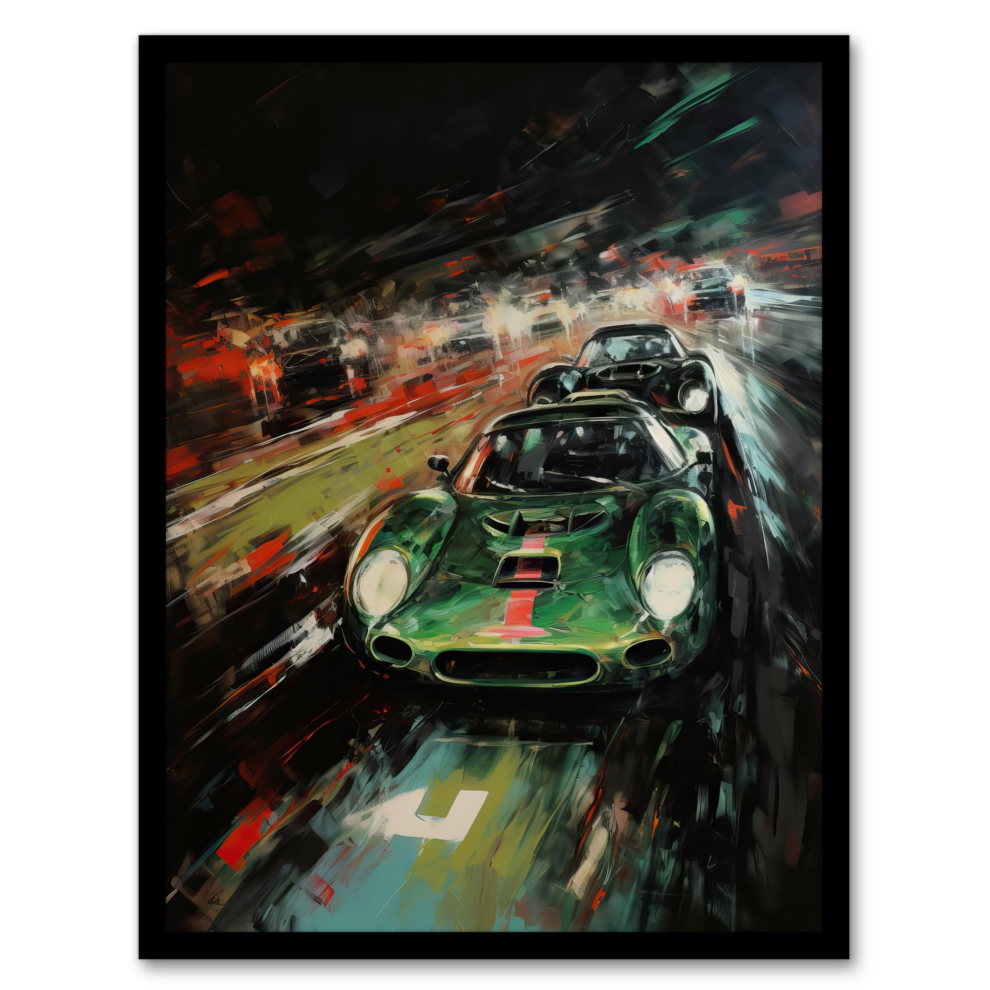 Artery8 Classic Sports Car British Racing Green Night Race Action Painting For Him Fan Man Cave Artwork Framed Wall Art Print 18X24 Inch