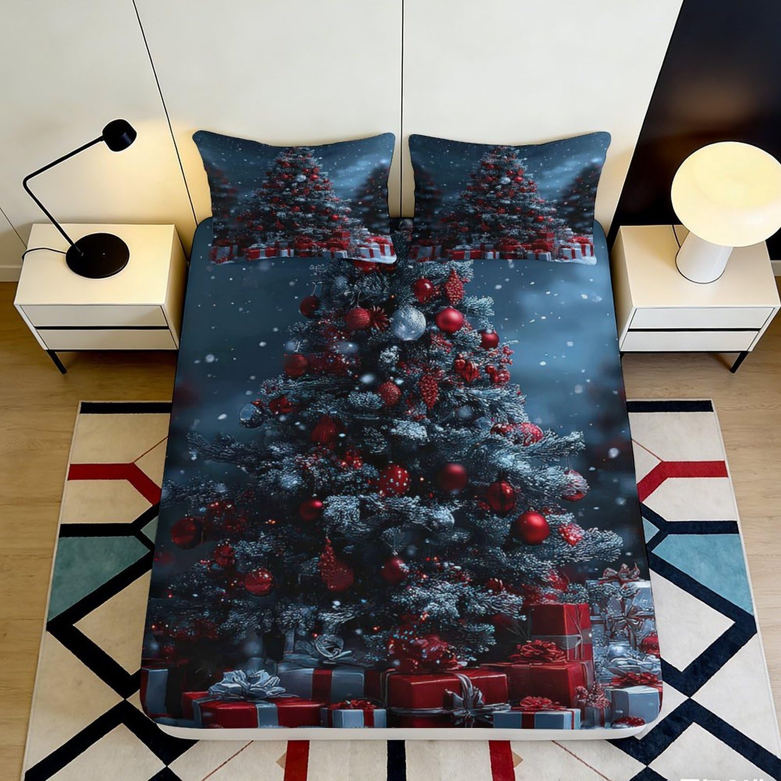 3D Printed Christmas Tree Fitted Sheet Microfiber Non-Slip Deep Pocket Bedding Xmas Tree Mattress Fitted Cover Washable Elastic Hem 140x200x25cm