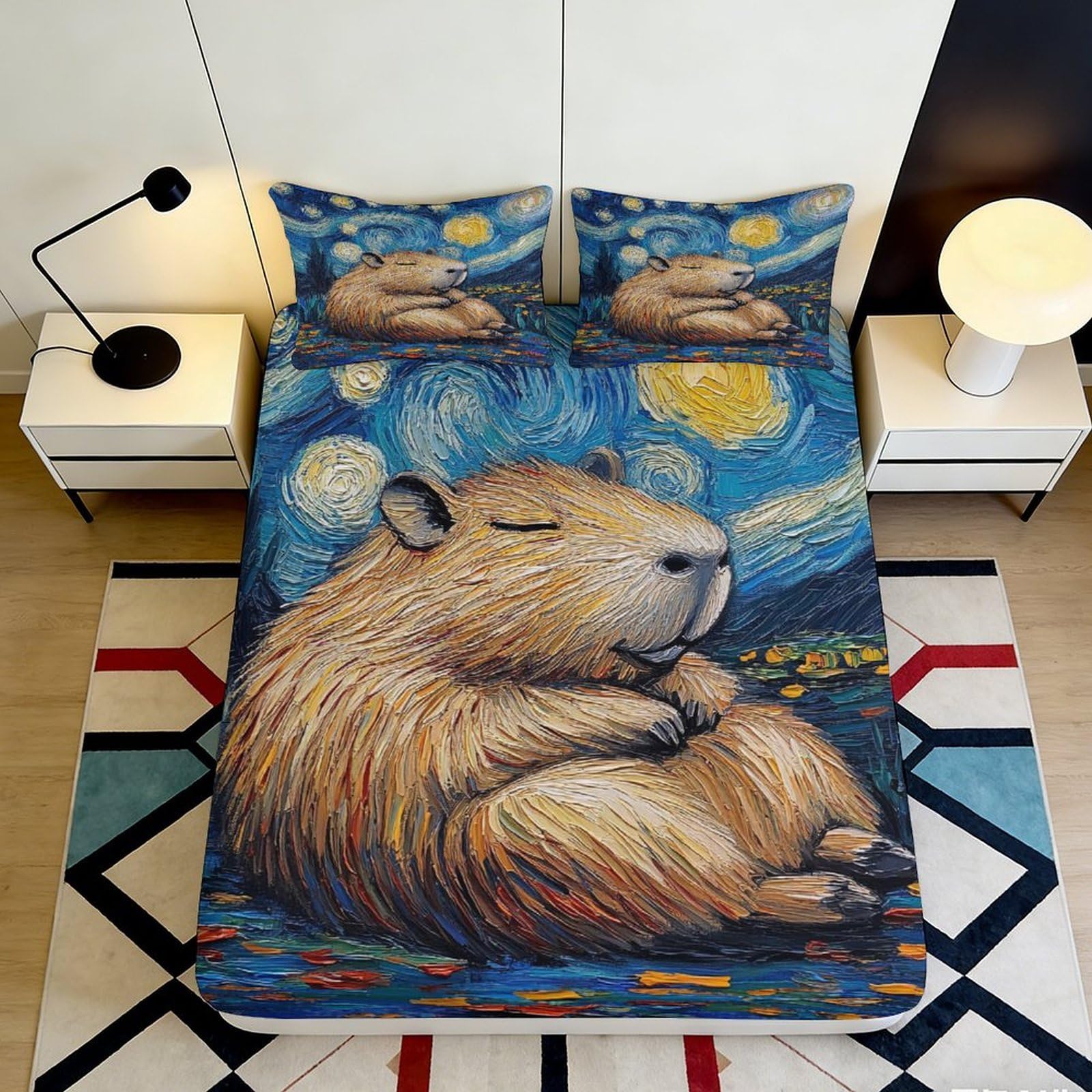 3D Printed Capybara Art Fitted Sheet Microfiber Soft Breathable Starry Night Bed Cover for Bedroom Dorm Decor 90x200x25cm