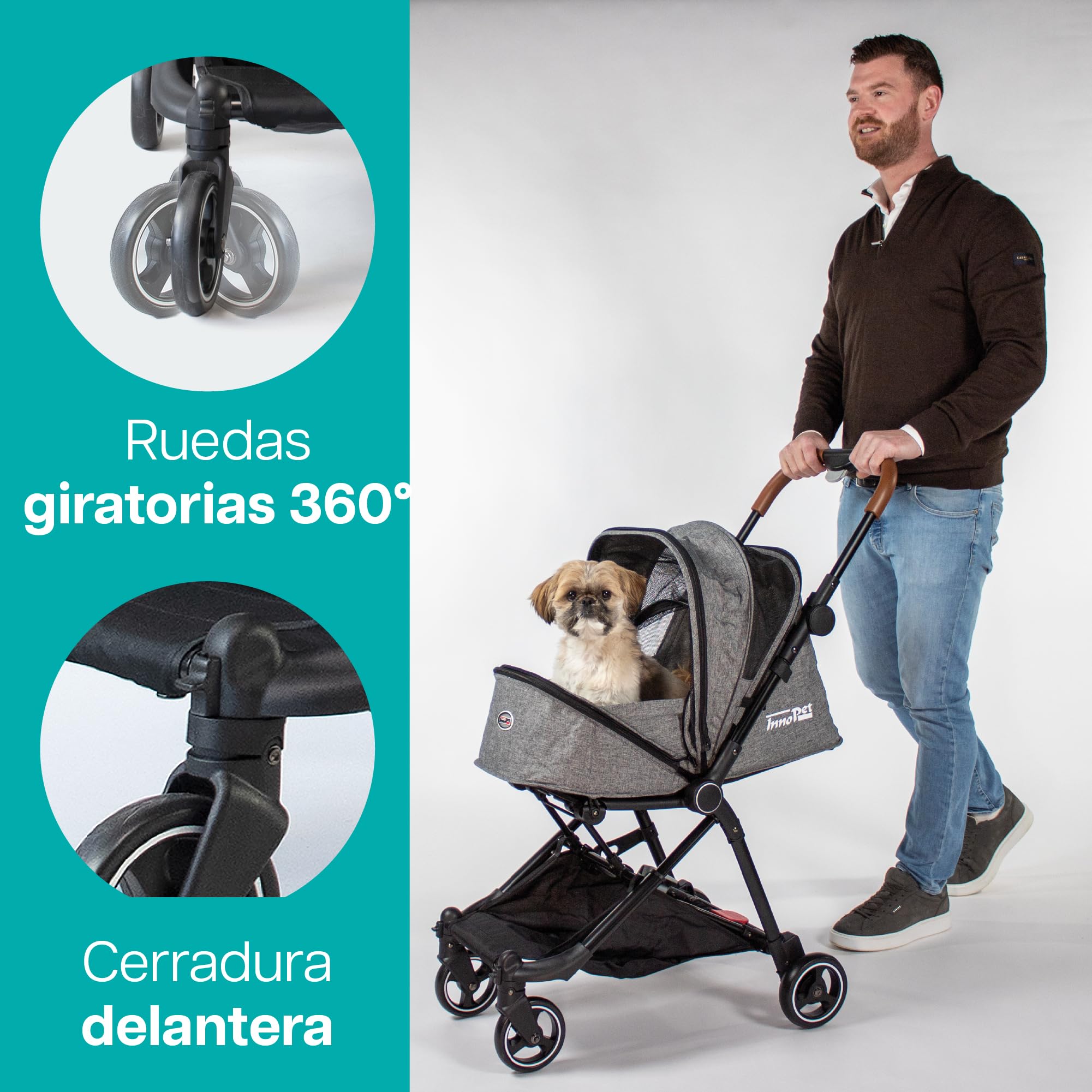Innopet City carrito gris - Cochecito compacto para perros y gatos hasta 11kg, plegado con una mano, barra de cuero sintético y diseño ligero de 4 ruedas