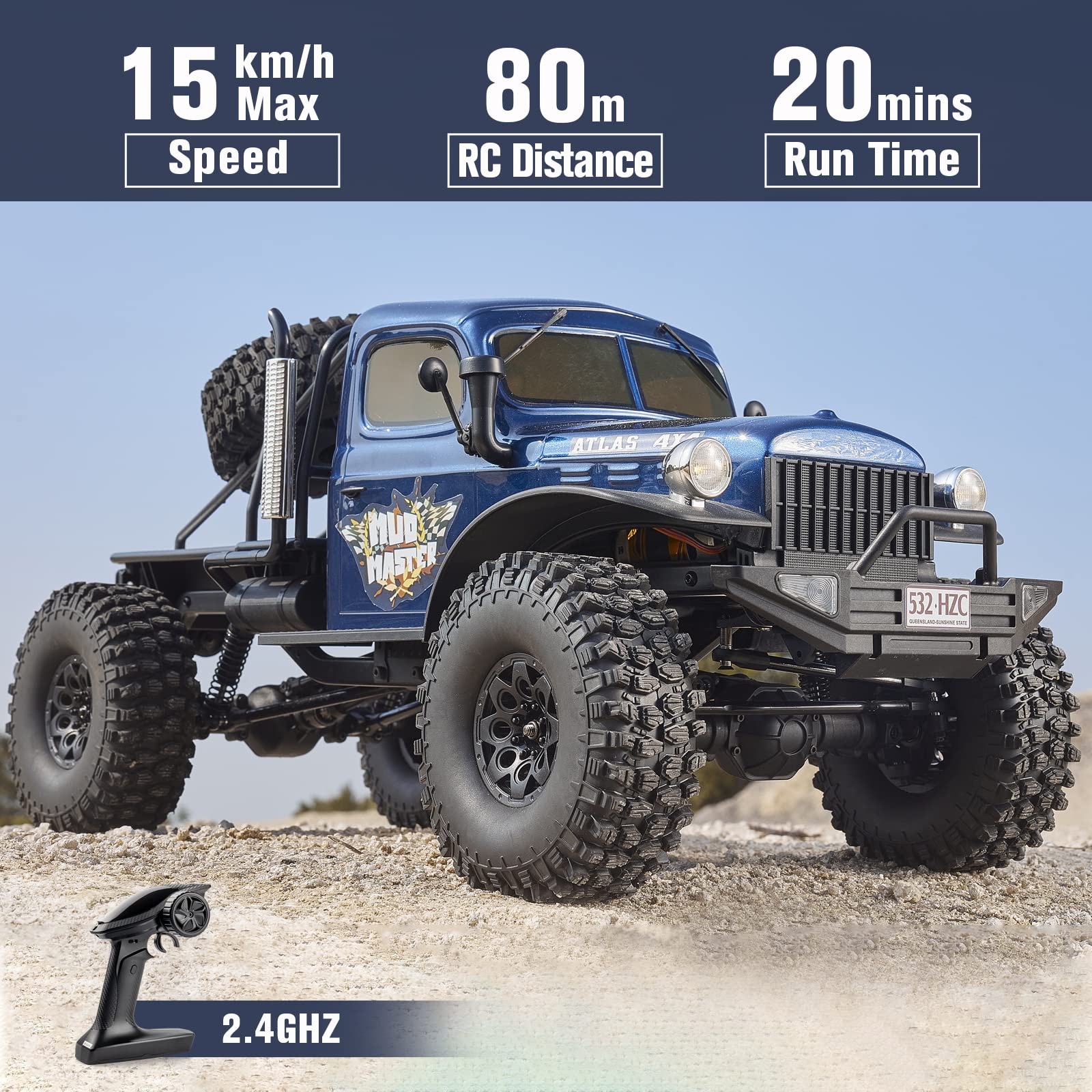 BEEZRC RocHobby Atlas RC Truck 4WD 2.4GHz RC Crawler RS RC Offroad Car Hobby Grade RC RC Control remoto coche con transmisor de vehículo para adultos (azul)
