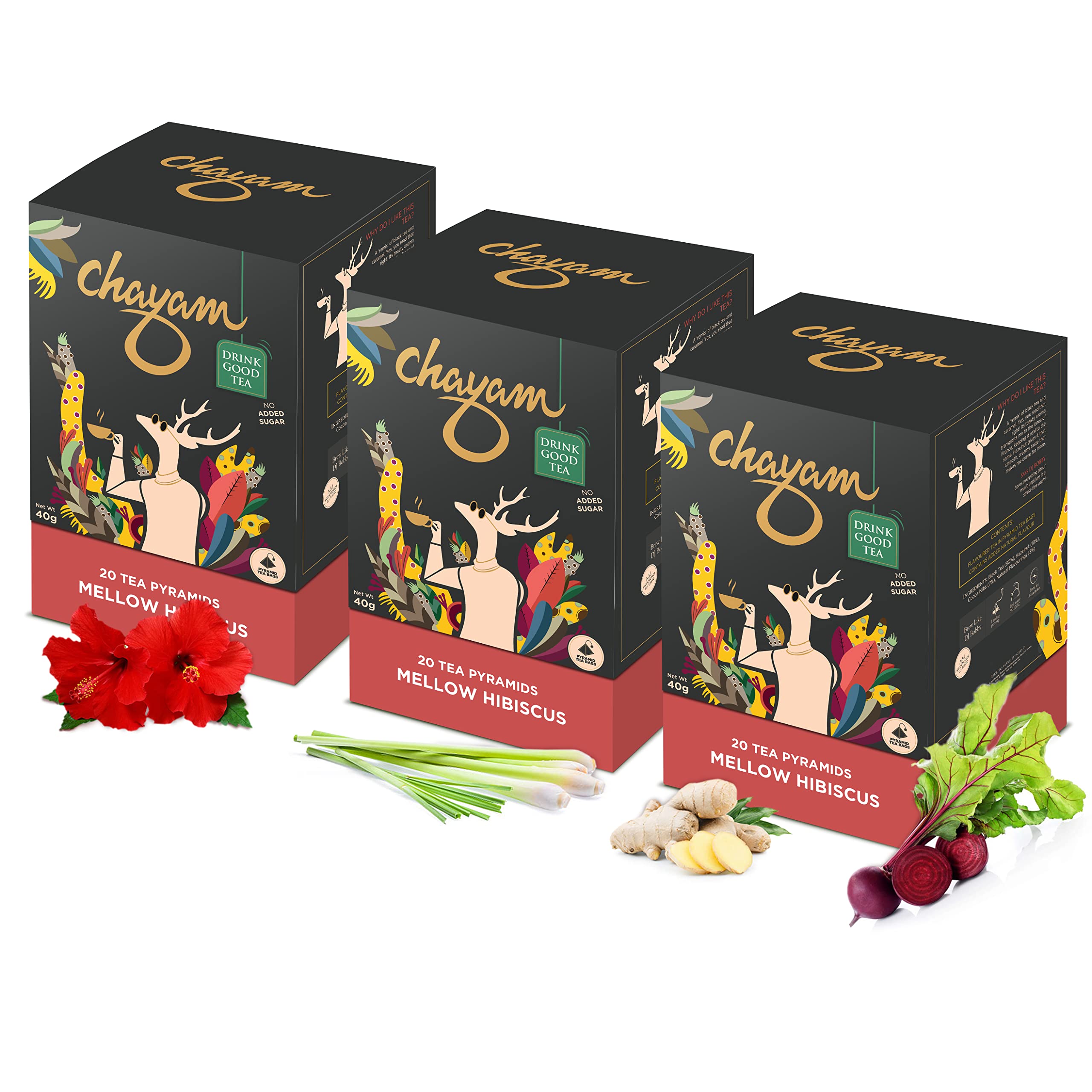 CHAYAM Hibiscus Green Tea with Ginger & Beetroot | Whole Leaf | Sweet & Tart | 20 Pyramid Bags (Pack of 3) | Enjoy Hot or Iced