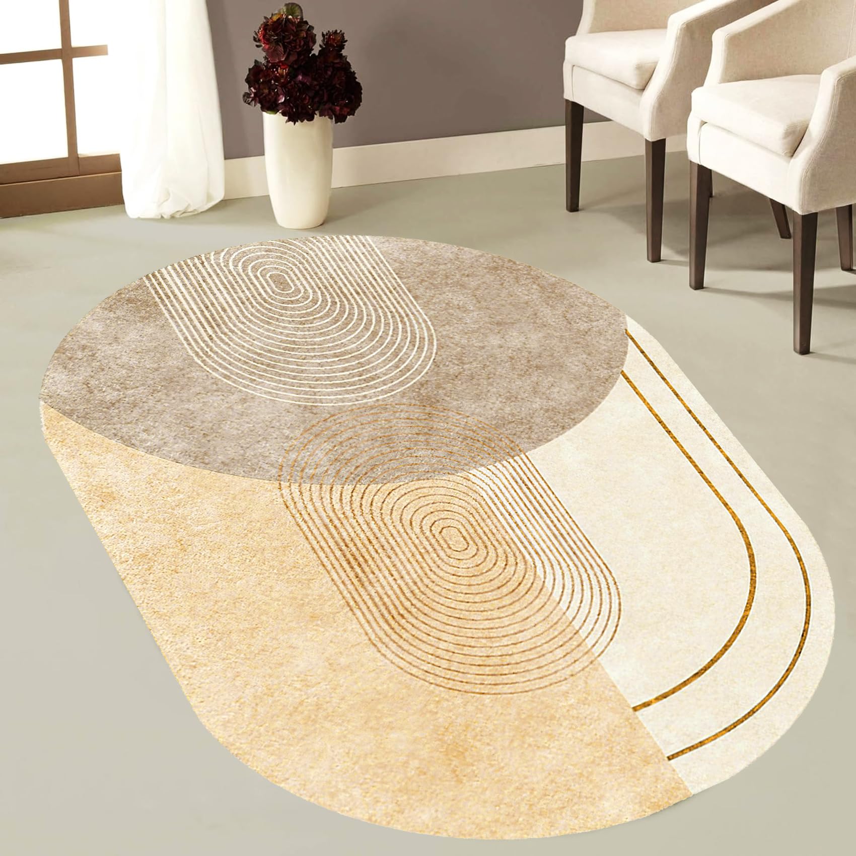 Ovale Tapis Salon Moderne Poil Court Tapis Chambre, Tapis Salle de Séjour Moquette,Motifs géométriques Modernes, Couleurs Neutres, Beige, 160 x 230 cm
