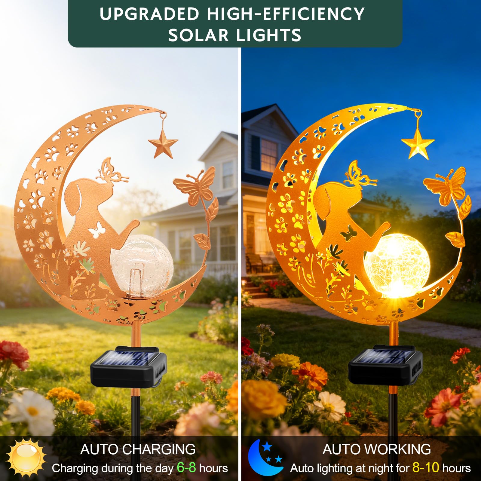 Solarleuchten Outdoor Dekorative Mond Hund Solar Pfahl Lichter Gartenarbeit Geschenke für Frauen Garten Ornamente Wasserdicht für Gehweg, Hof, Rasen, Terrasse