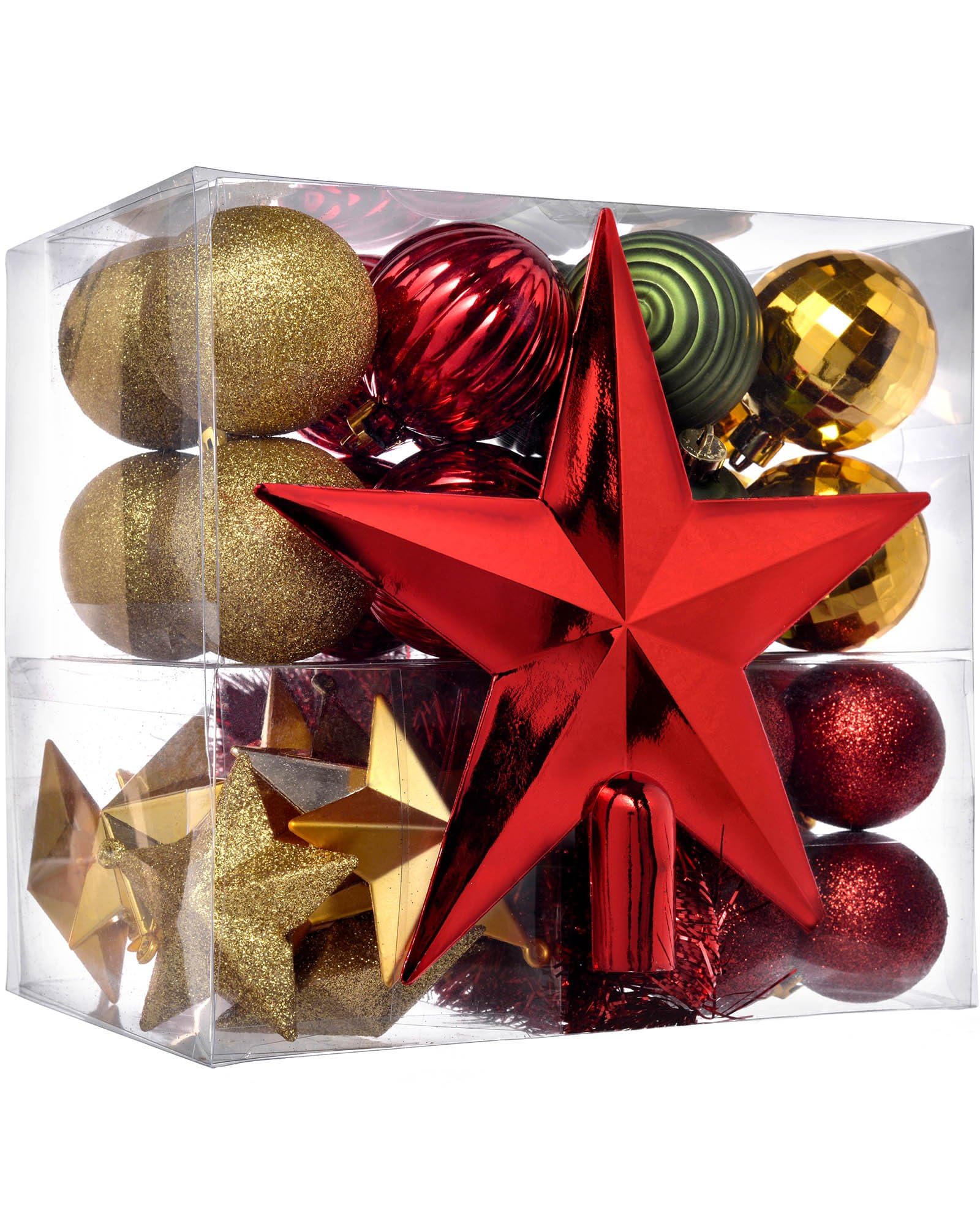 WeRChristmas Shatterproof Baubles with Tree Topper and Garland - 42-Piece, Red/Gold/Green