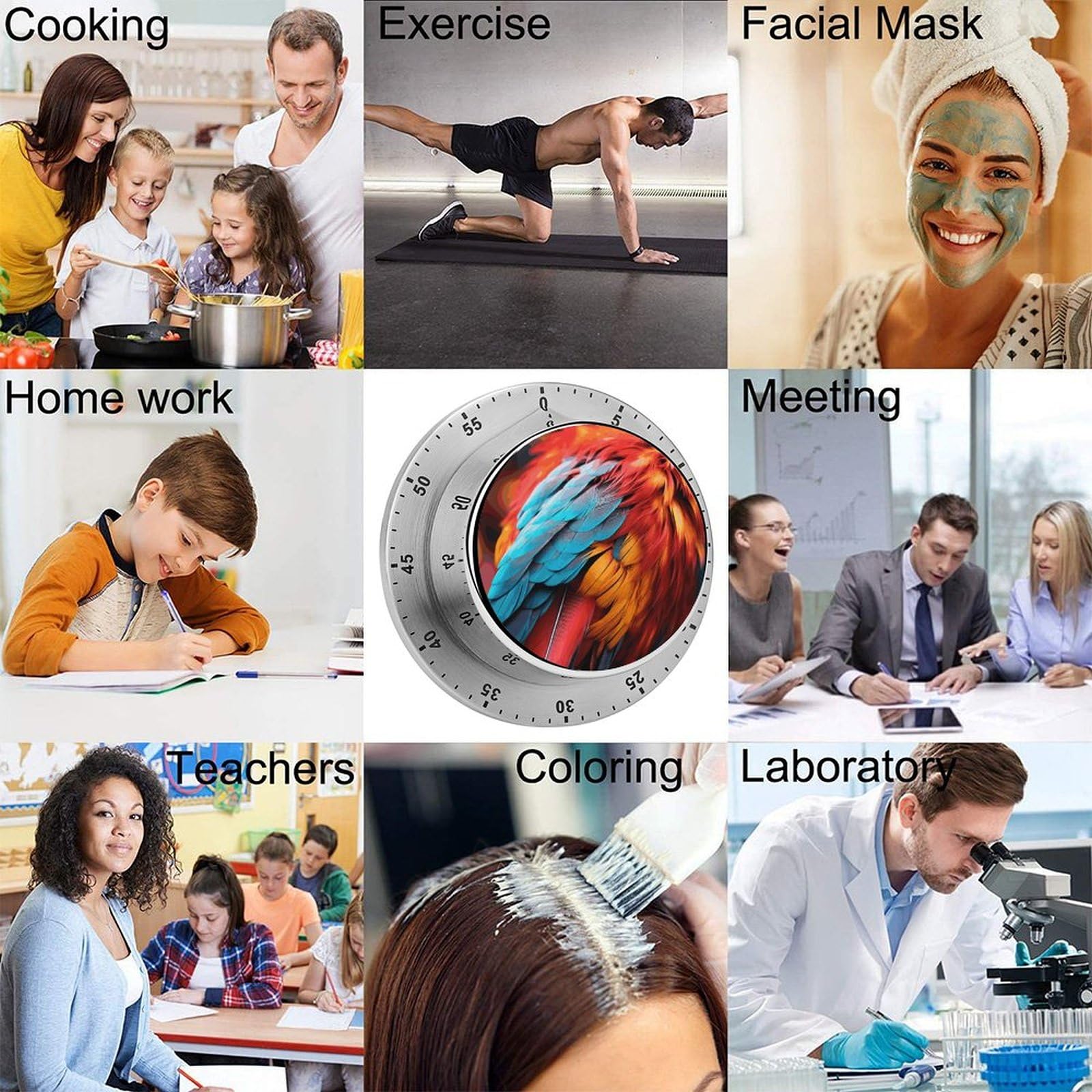 Mechanischer Edelstahl-Timer, Küchentimer, bunte Federn, bedruckt, Edelstahl, Countdown-Timer für Fitness-Projekte und Küchenaufgaben