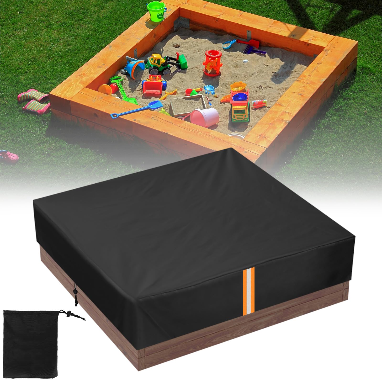 Kasanni Sandkasten Abdeckung, Wasserdicht Sandkasten, 210D Sandkastenplane mit Reflektorstreifen und Aufbewahrungstasche Sandabdeckung Poolabdeckung mit Kordelzug und Elastikband, 150x150x20 cm