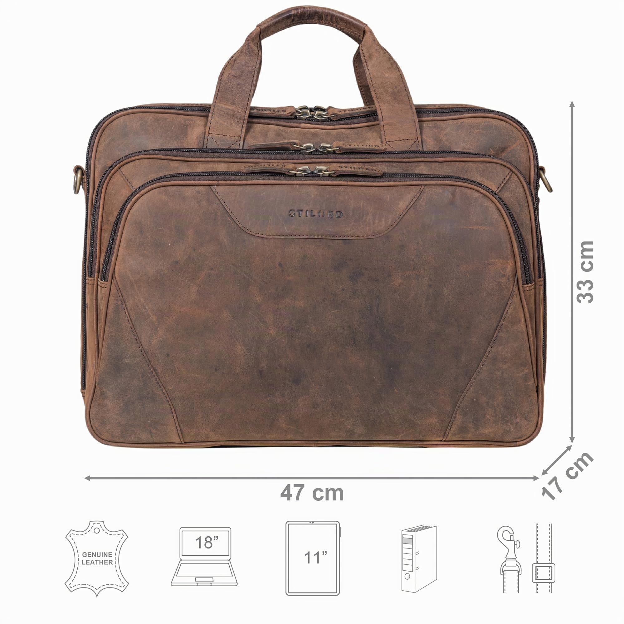 STILORD 'Ansgar' XL Rauleder Aktentasche zum Umhängen für Herren und Damen ideal als Lehrertasche Ledertasche 17-18 Zoll Laptop-Tasche Business oder Ordnertasche Echtleder