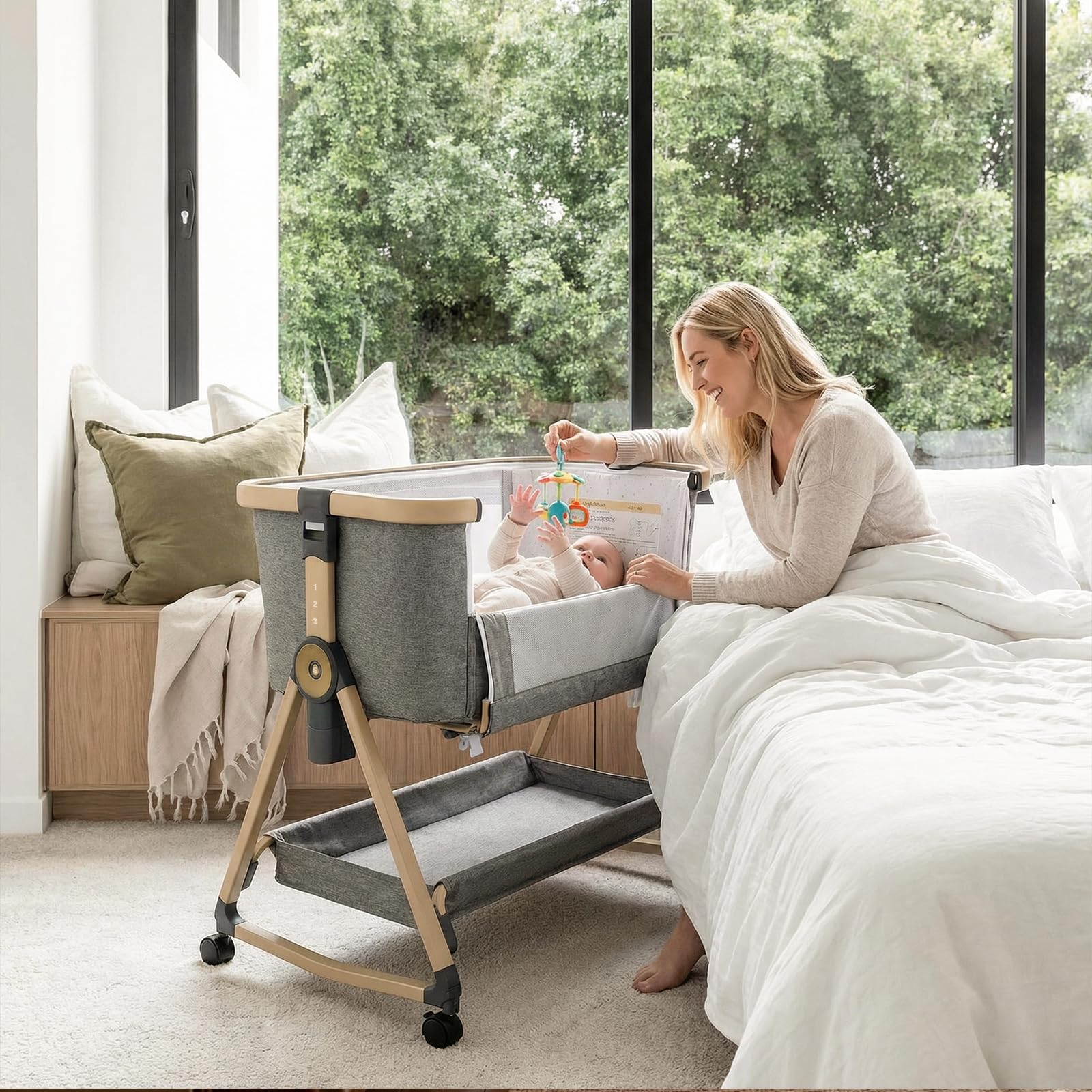 Maydolly Beistellbett 3 in 1 Lettino Portatile per Bambini con Rete Traspirante e Lenzuolo, Carrozzina Regolabile Lettino. (grigio)