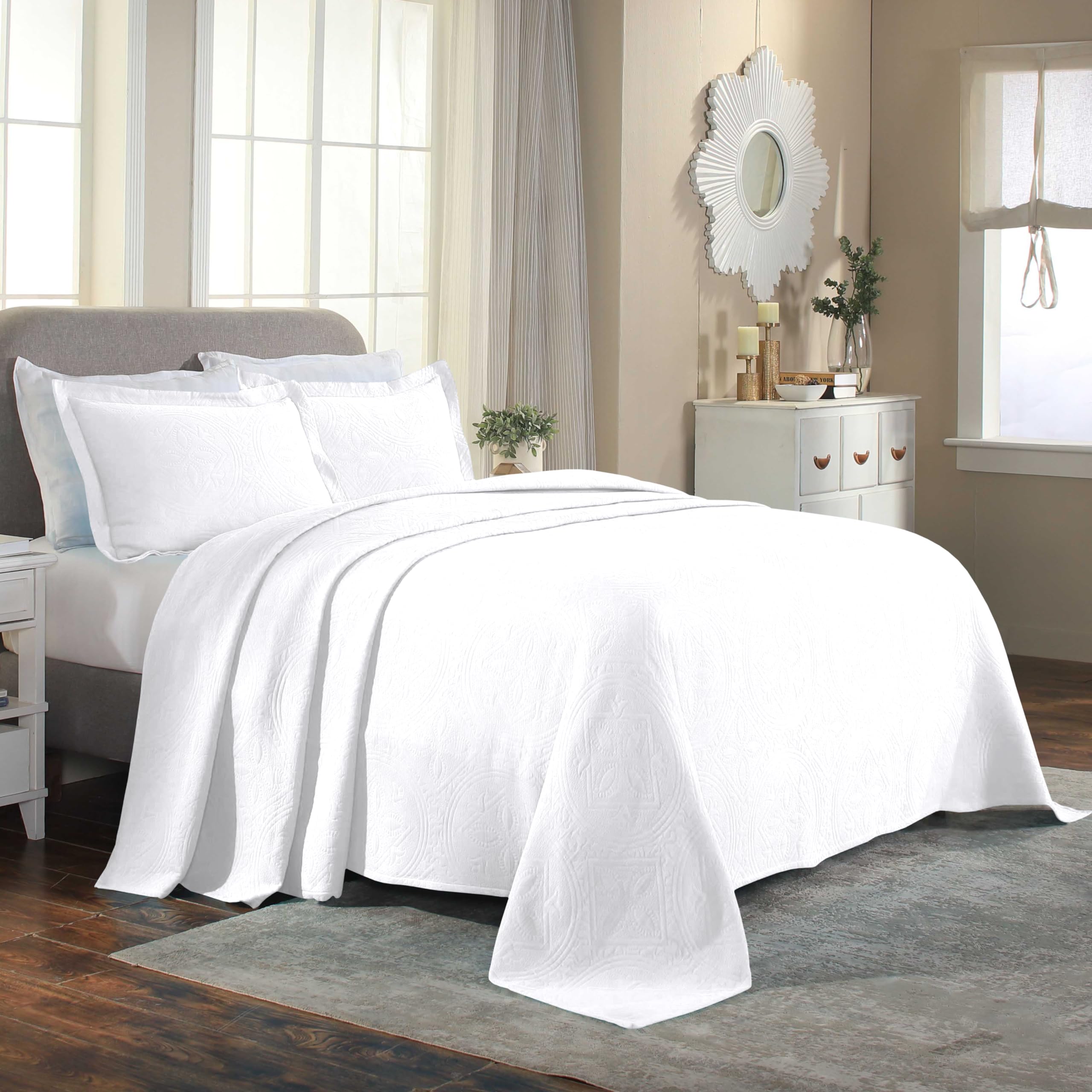 Superior 100% Cotton Celtic Circles 3-Piece Scalloped Bedspread Set, Full, White-image-45
