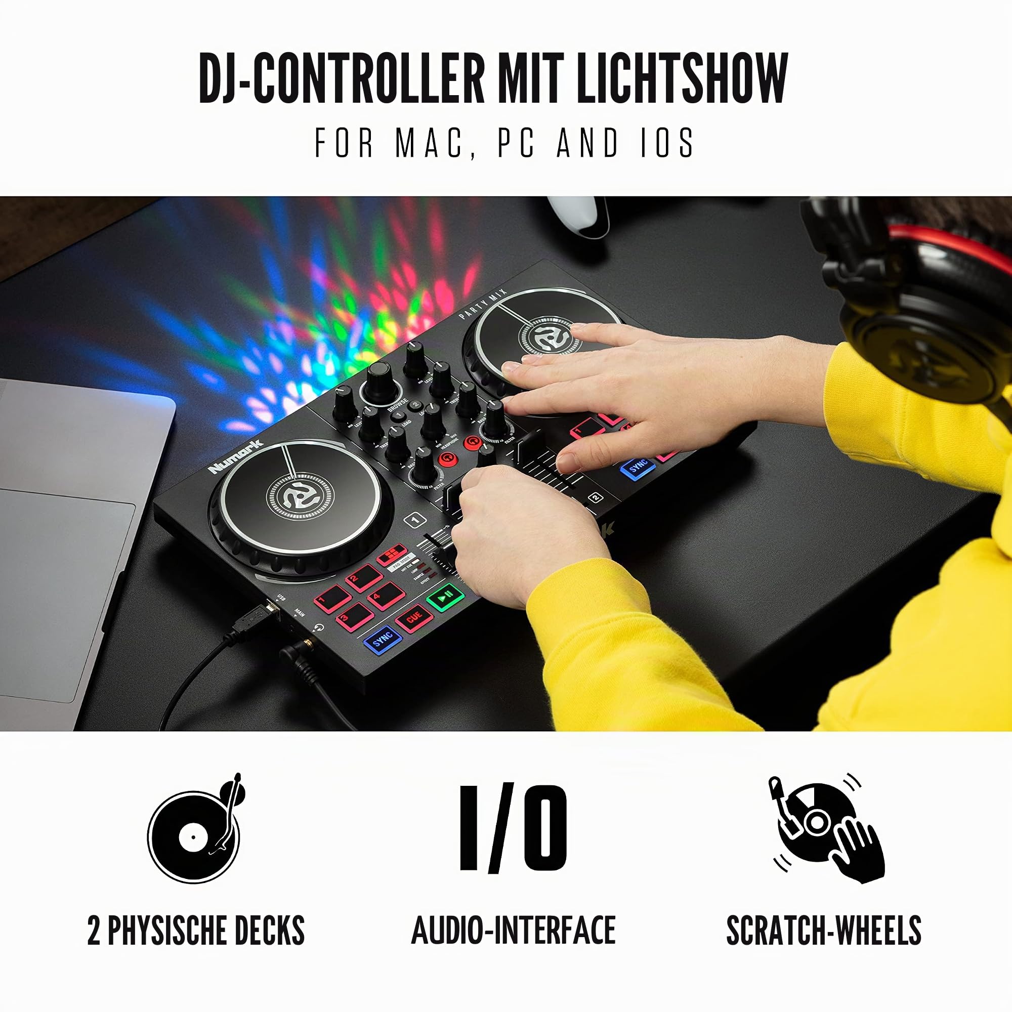 Numark Party Mix II – DJ Controller Pult mit 2 Decks & INIU Wireless Charger Stand