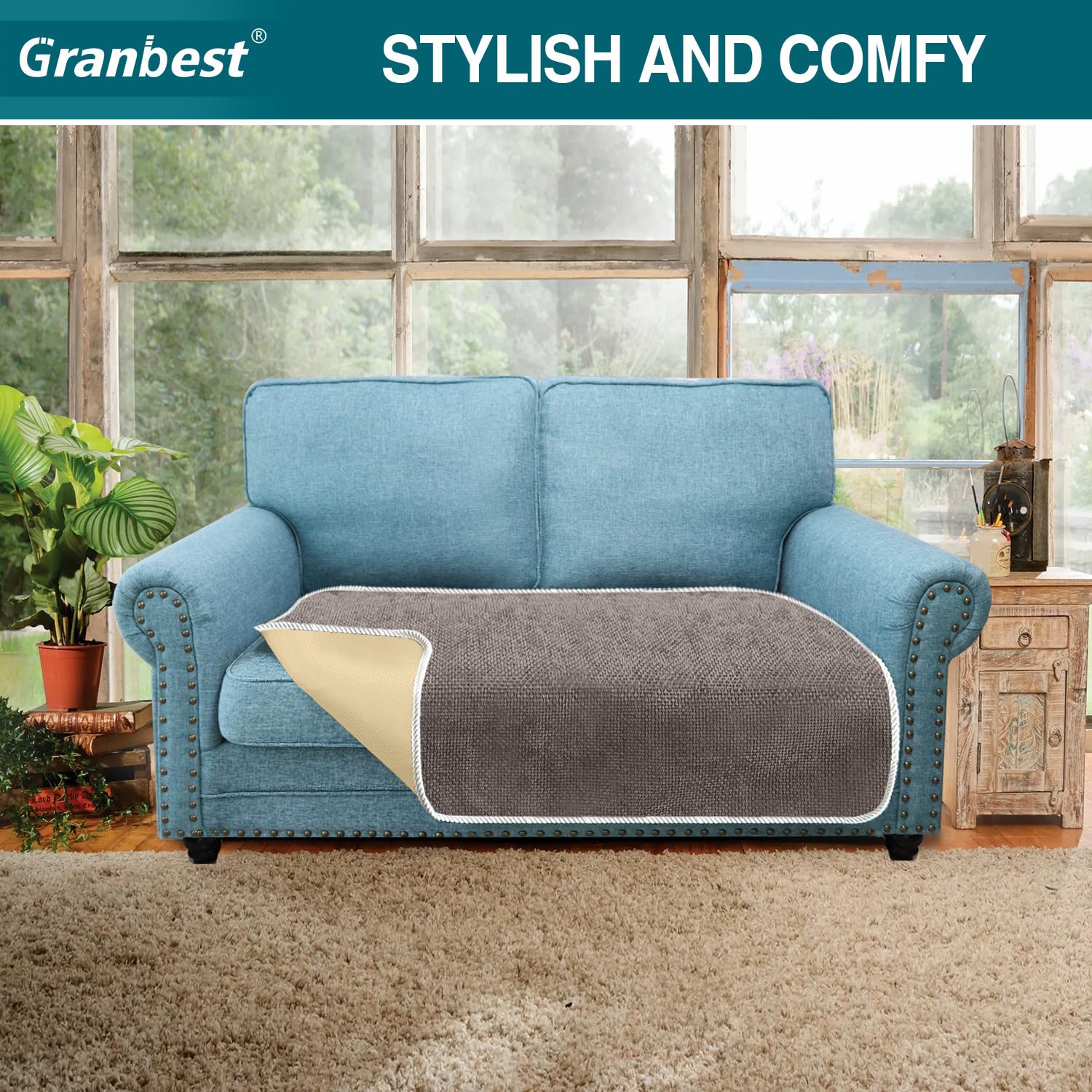 Granbest Non-Slip Sofa Seat Covers 2 Seater Thick Chair Cover Protectors from Pets Universal for All Seasons (2 Seater, Khaki) - Image 3