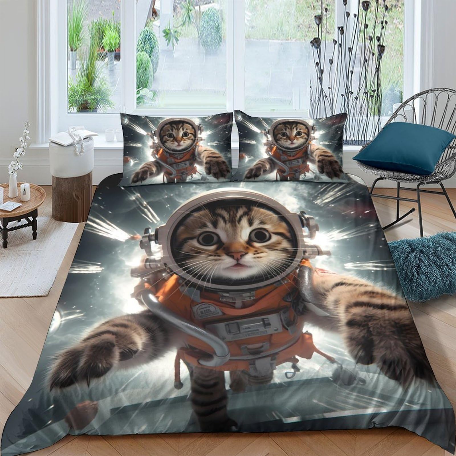 GPLZQXKJNH 3D Printed Astronaut Cat Duvet Cover Microfiber Soft Breathable Space Adventure Bedding Set with 2 Pillowcases for Bedroom Decor Single（135x200cm）